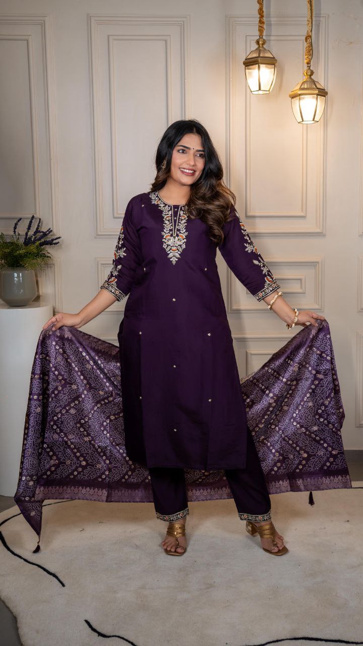 Lorenvalley Fashion Purple Roman Silk Embroidery Multi Work Kurta Pant with Dupatta 
