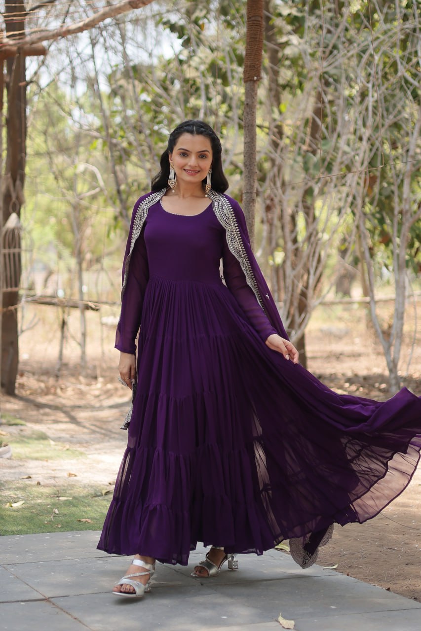 Evanik Purple Faux Blooming Gown With Dupatta With Rich Sequins Embroidered work