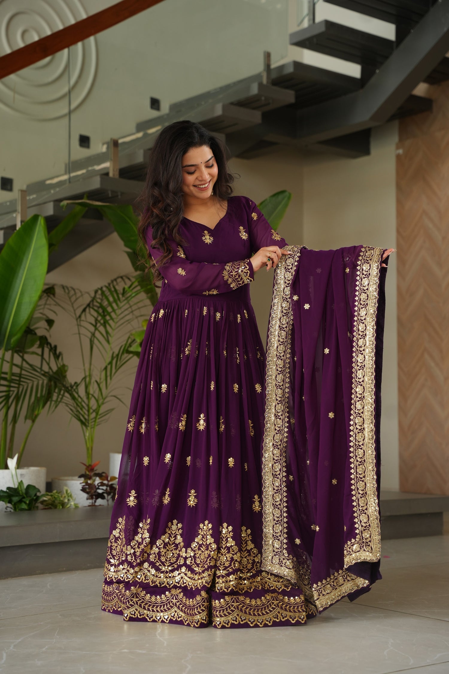 Lorenvalley Fashion Purple Faux Georgette with Zari & Sequins Embroidered Work Anarkali Gown with Dupatta 