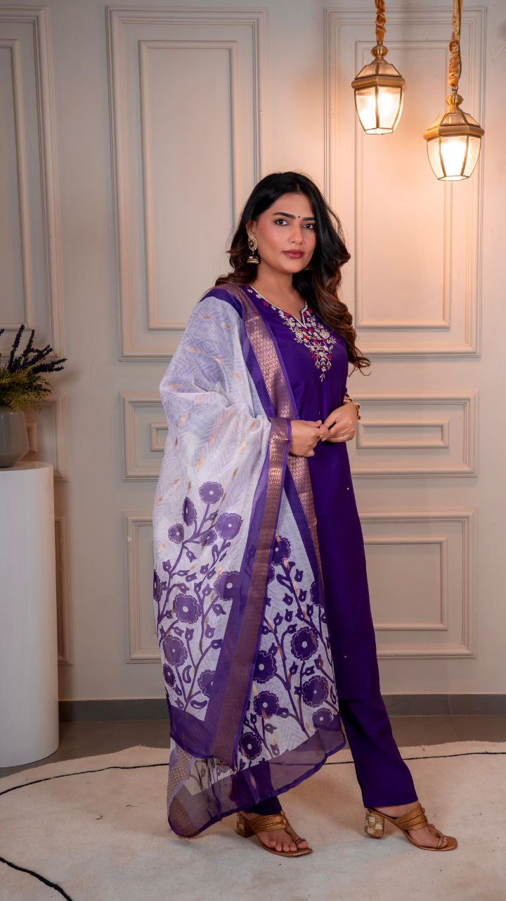 Lorenvalley Fashion Purple Roman Silk Hand Work Kurta Pant with Dupatta 