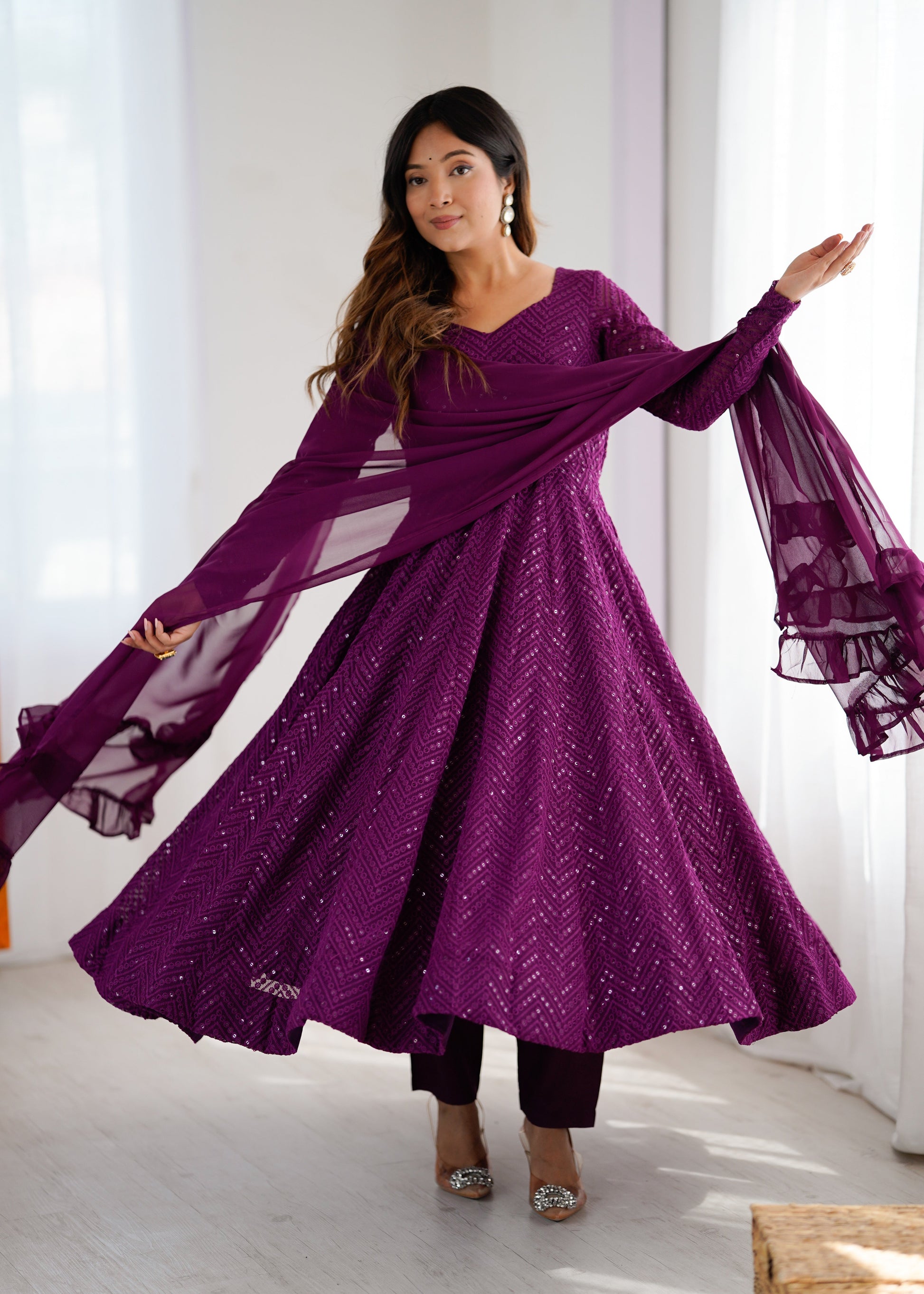 Lorenvalley Purple Faux Georgette Lukhnowi Sequence Work Anarkali Kurta Pant With Dupatta Set 