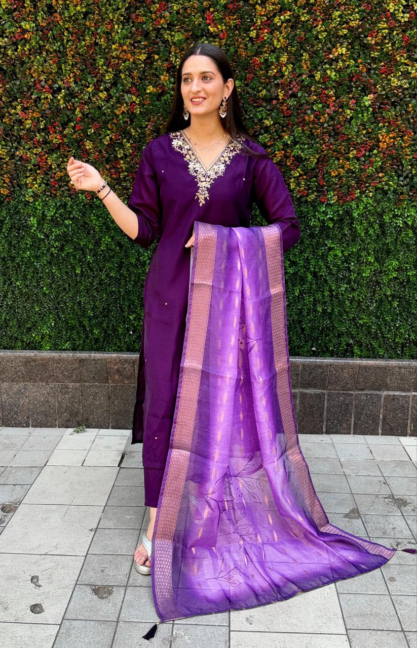 Lorenvalley Fashion Purple Roman Silk Hand Work Kurta Pant with Dupatta 