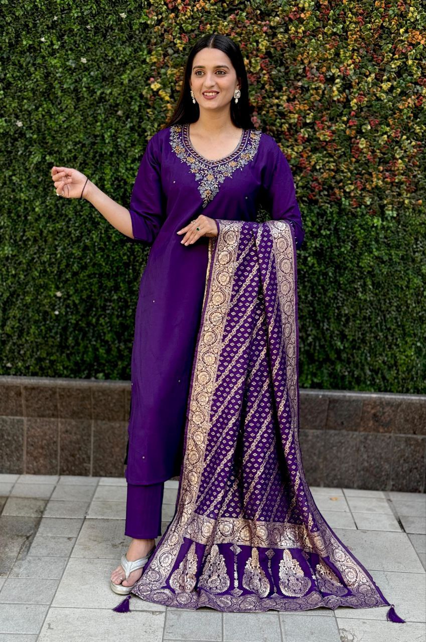 Lorenvalley Fashion Purple Roman Silk Hand Work Kurta Pant with Dupatta 