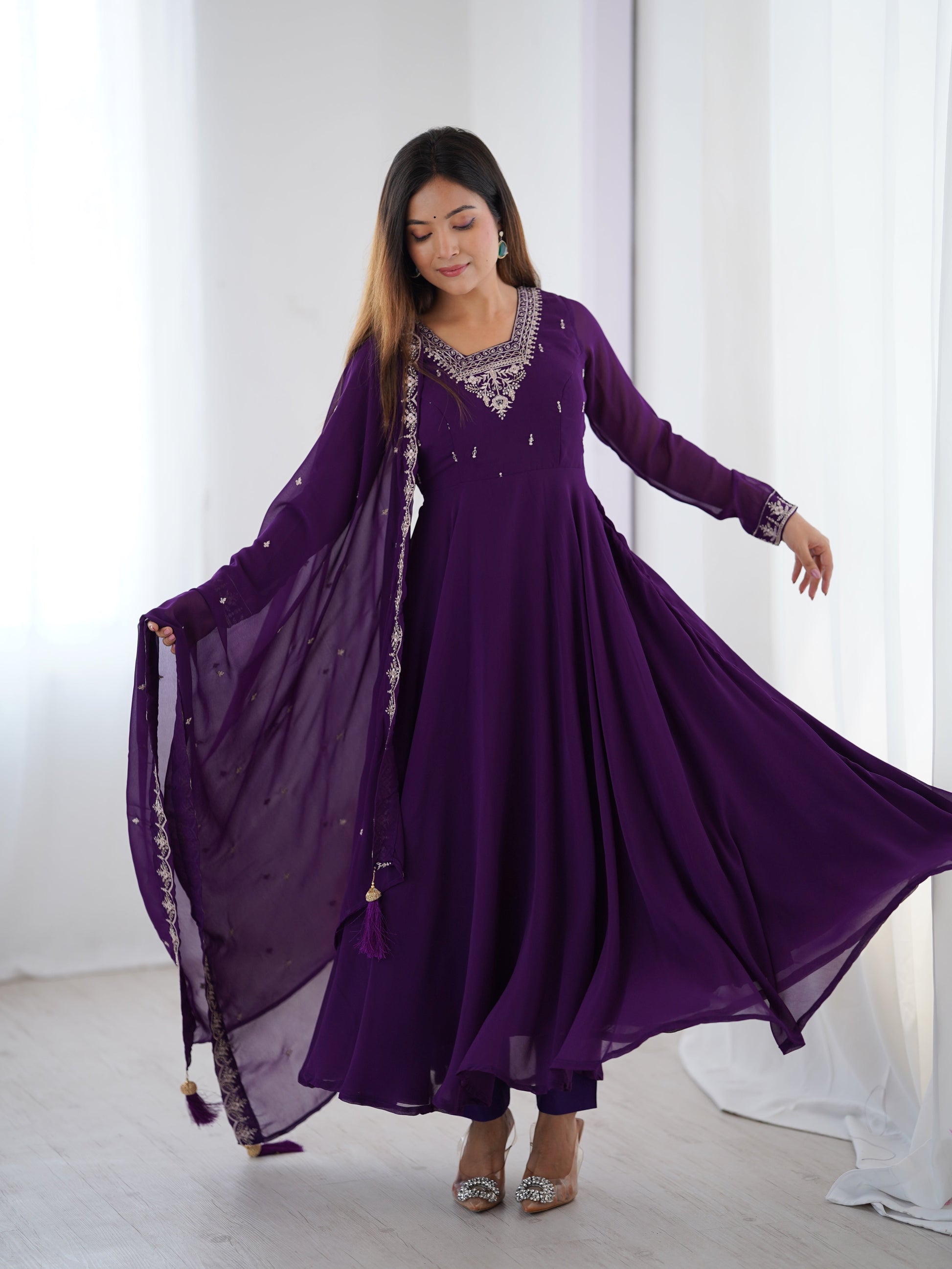 Lorenvalley Purple Faux Georgette Fancy Embroidery Beads And Jari Work Anarkali Kurta Palazzo With Dupatta Set 