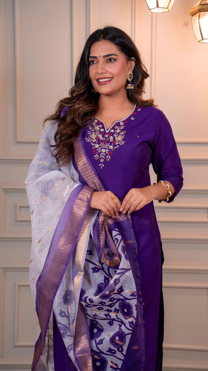 Lorenvalley Fashion Purple Roman Silk Hand Work Kurta Pant with Dupatta 