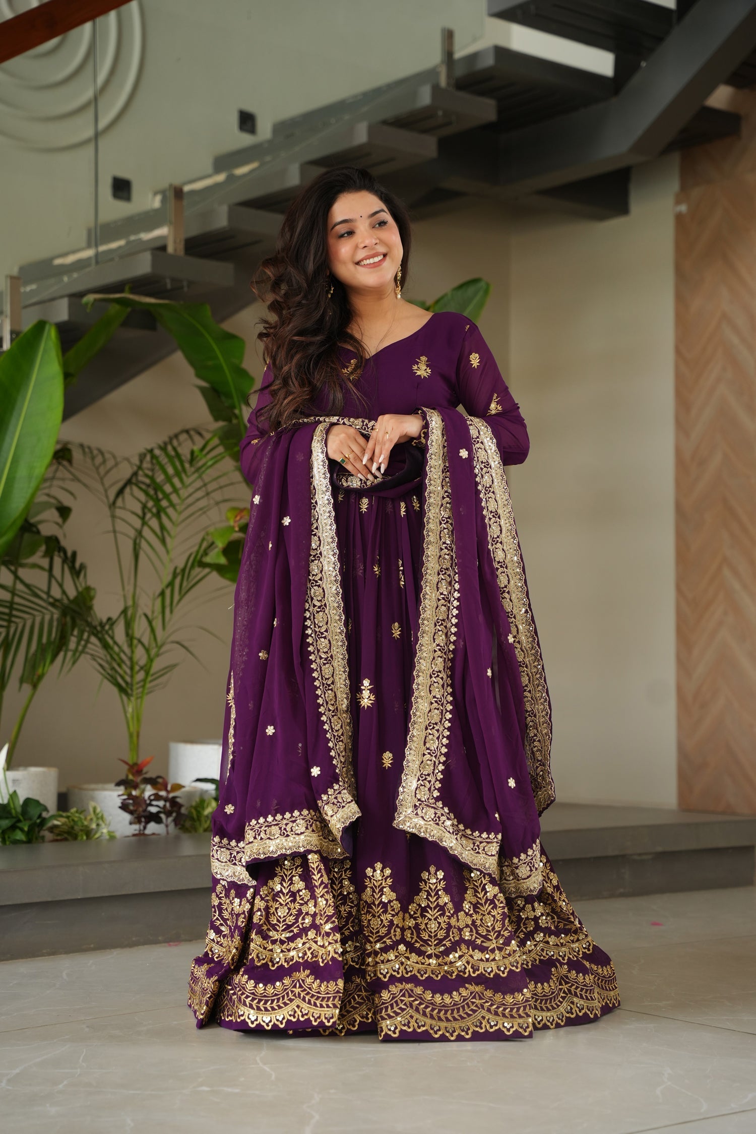 Lorenvalley Fashion Purple Faux Georgette with Zari & Sequins Embroidered Work Anarkali Gown with Dupatta 