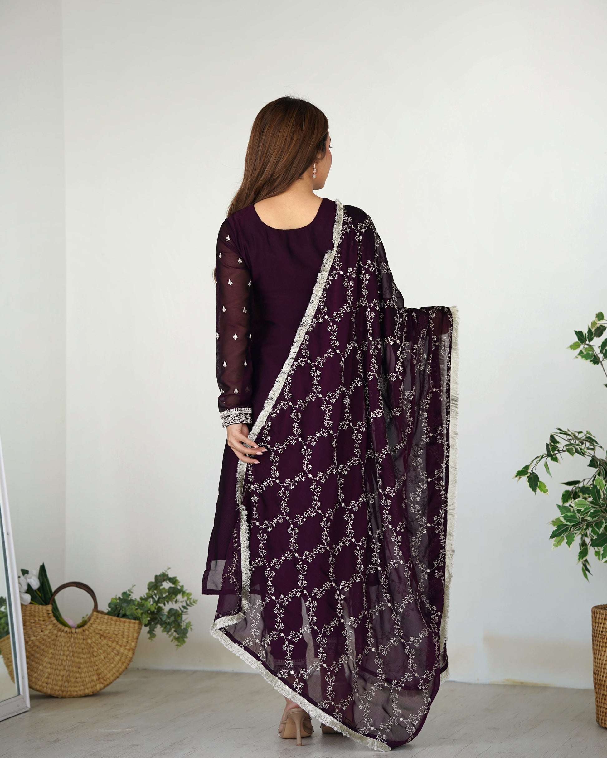 Lorenvalley Wine Rangoli Silk Embroidery Sequence And Thread Work Kurta Trousers with Dupatta Set 