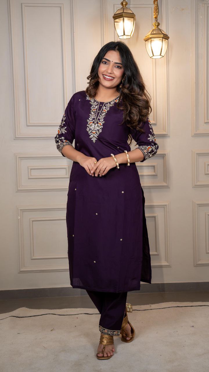 Lorenvalley Fashion Purple Roman Silk Embroidery Multi Work Kurta Pant with Dupatta 