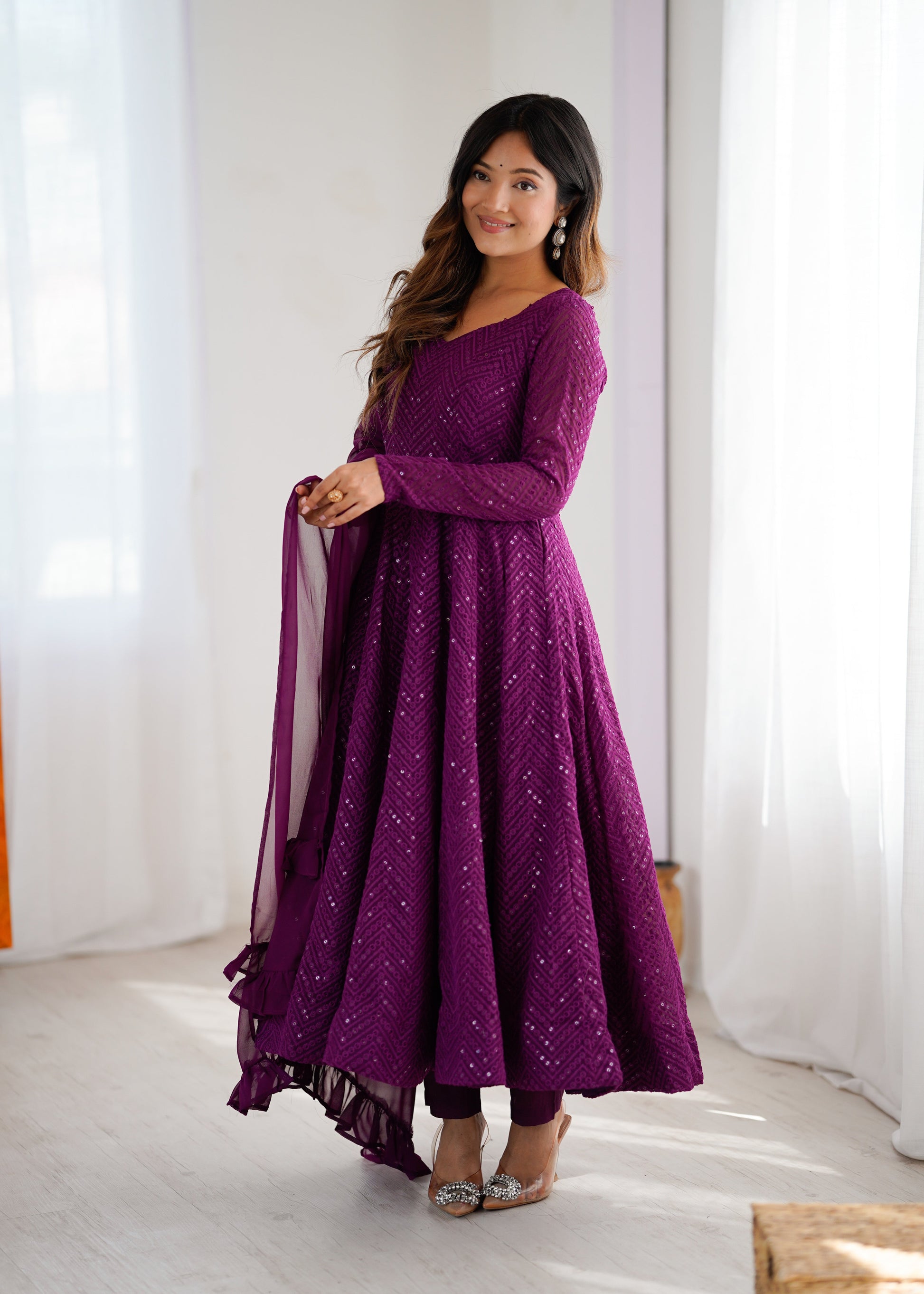Lorenvalley Purple Faux Georgette Lukhnowi Sequence Work Anarkali Kurta Pant With Dupatta Set 