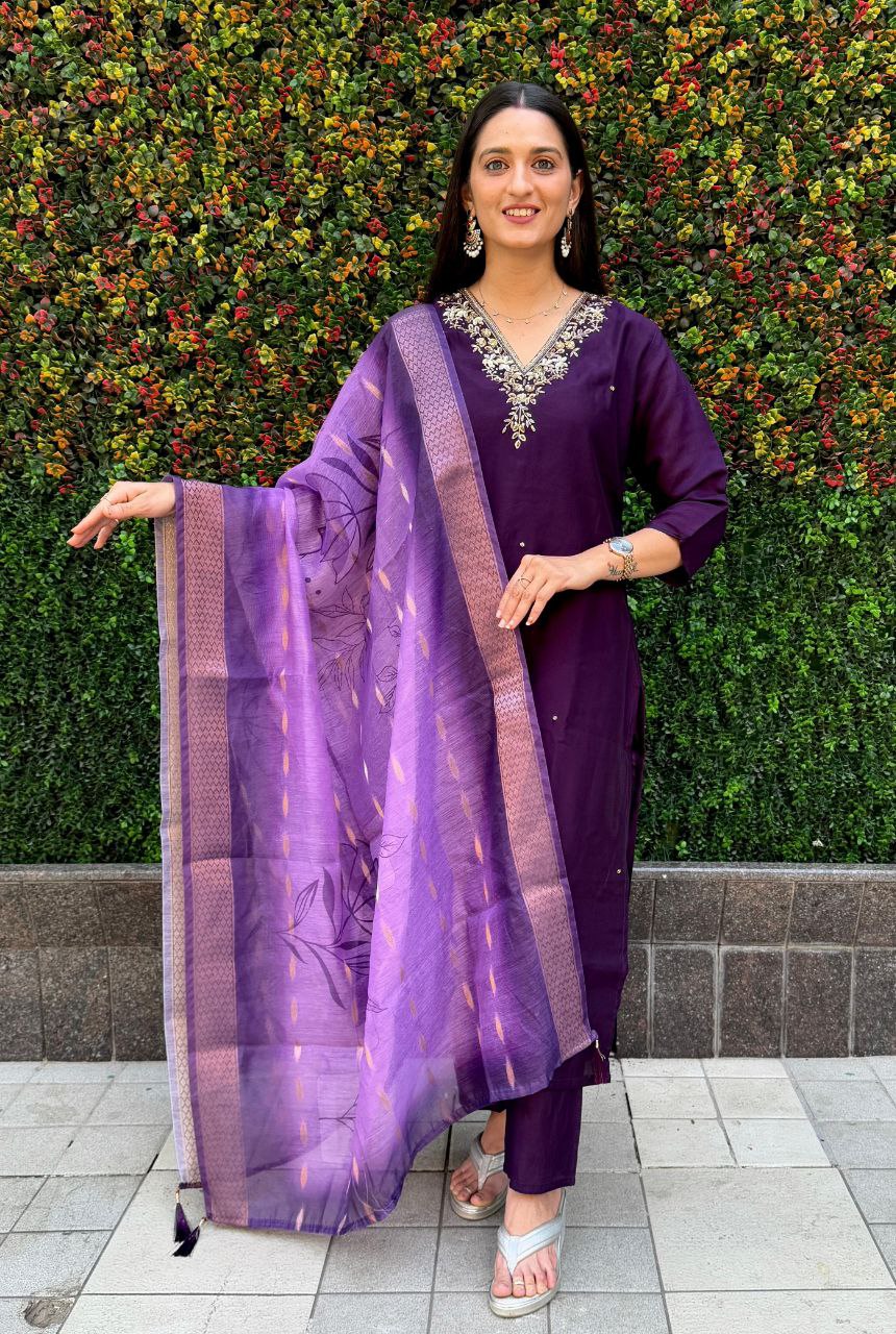 Lorenvalley Fashion Purple Roman Silk Hand Work Kurta Pant with Dupatta 