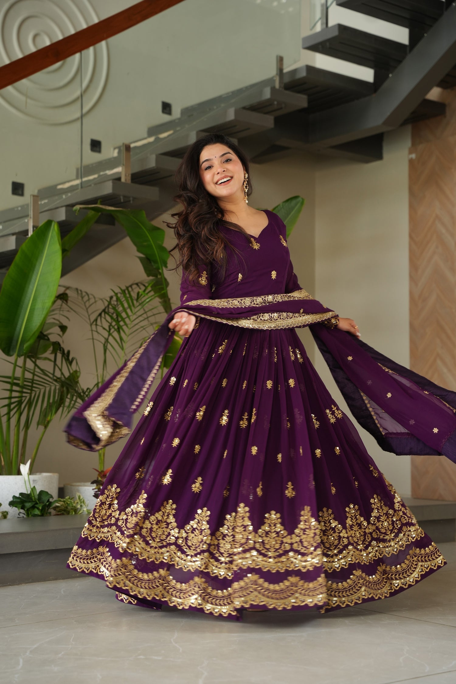 Lorenvalley Fashion Purple Faux Georgette with Zari & Sequins Embroidered Work Anarkali Gown with Dupatta 