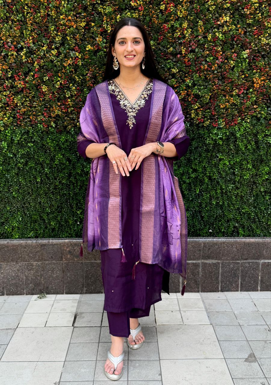 Lorenvalley Fashion Purple Roman Silk Hand Work Kurta Pant with Dupatta 