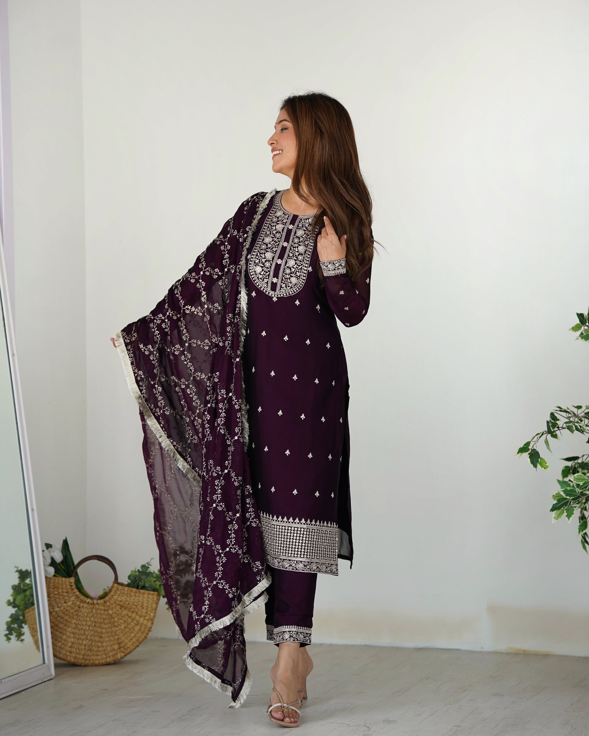Lorenvalley Wine Rangoli Silk Embroidery Sequence And Thread Work Kurta Trousers with Dupatta Set 