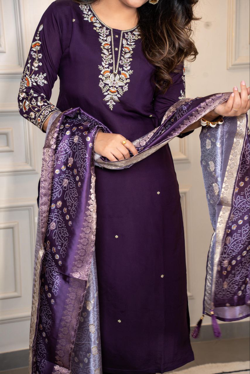 Lorenvalley Fashion Purple Roman Silk Embroidery Multi Work Kurta Pant with Dupatta 