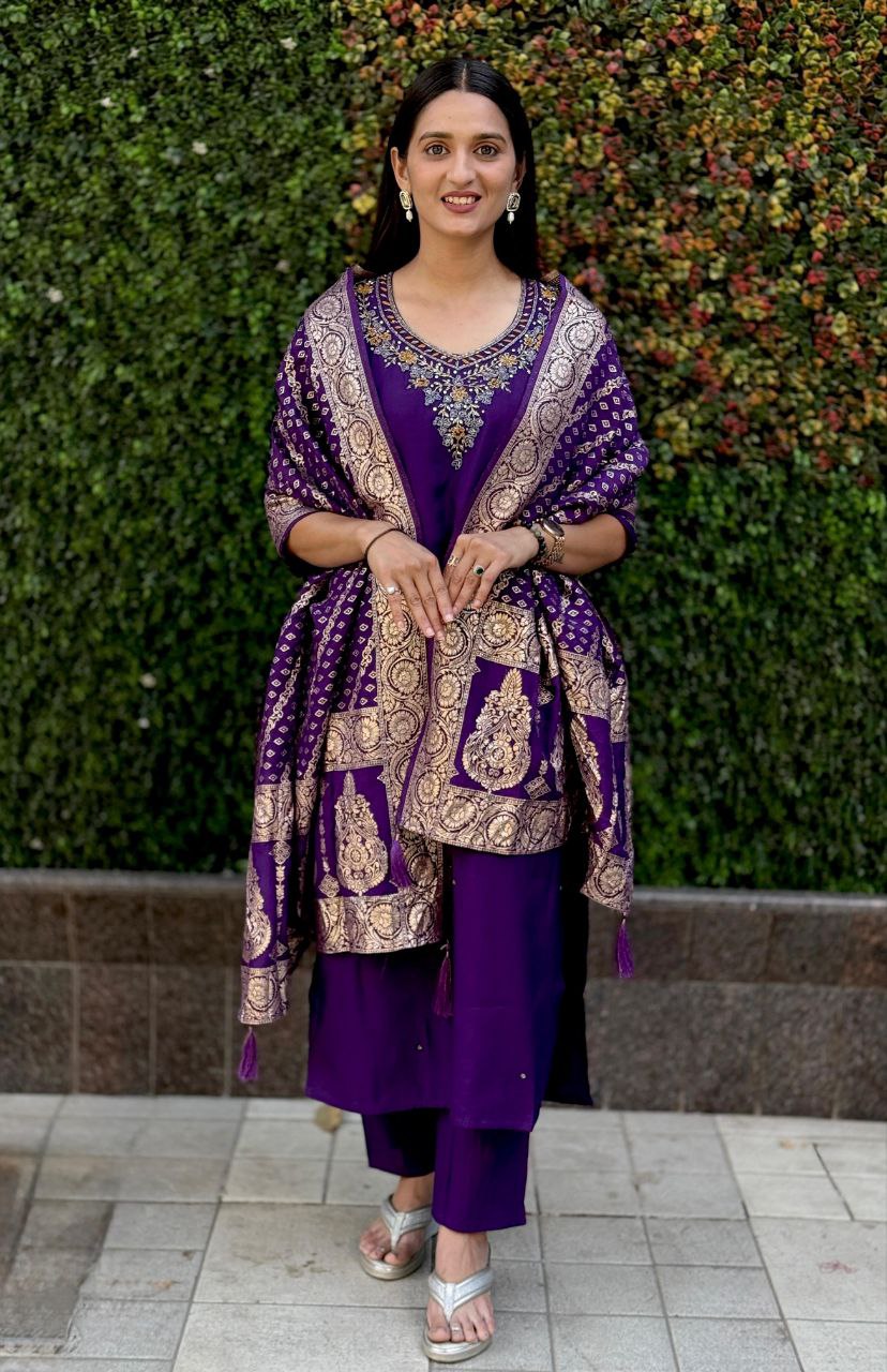 Lorenvalley Fashion Purple Roman Silk Hand Work Kurta Pant with Dupatta 