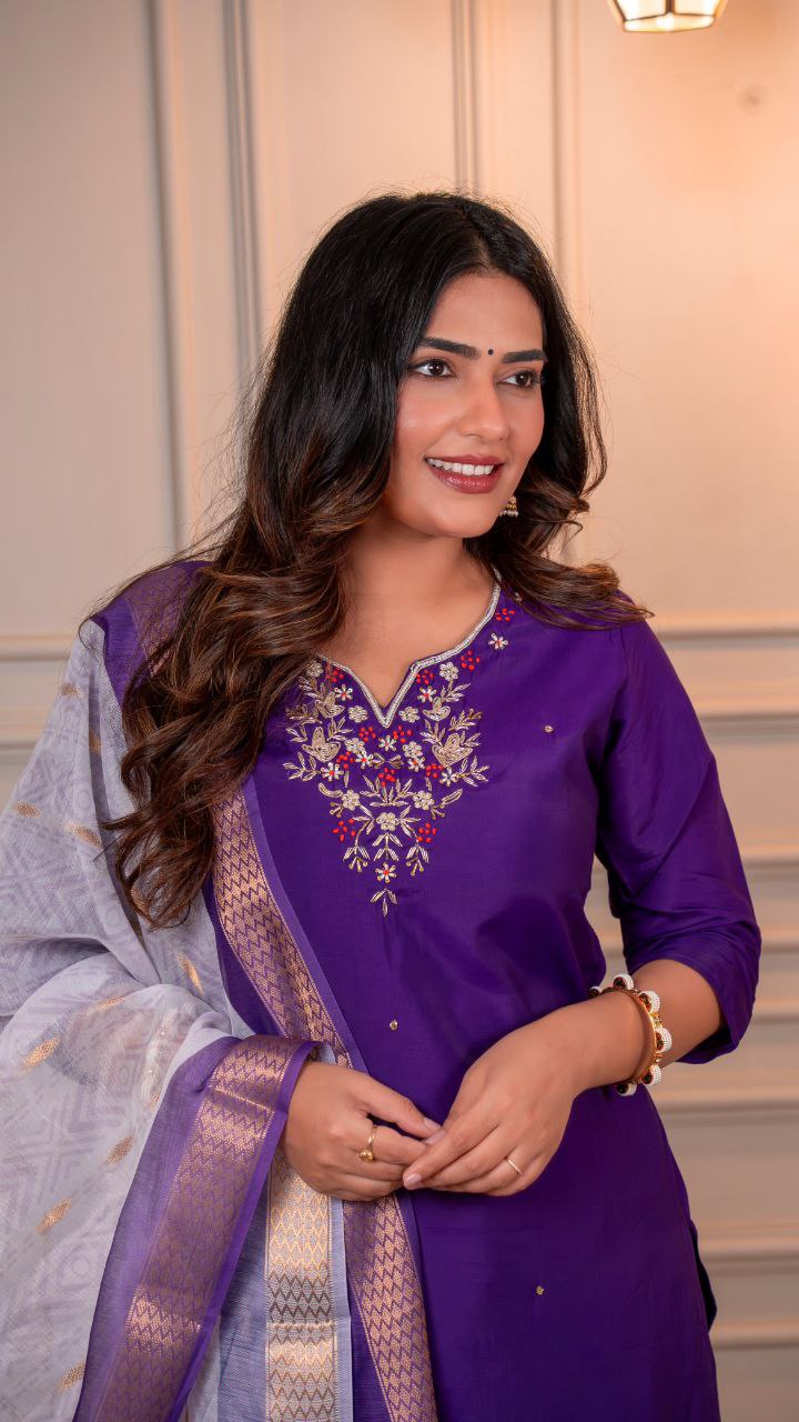 Lorenvalley Fashion Purple Roman Silk Hand Work Kurta Pant with Dupatta 