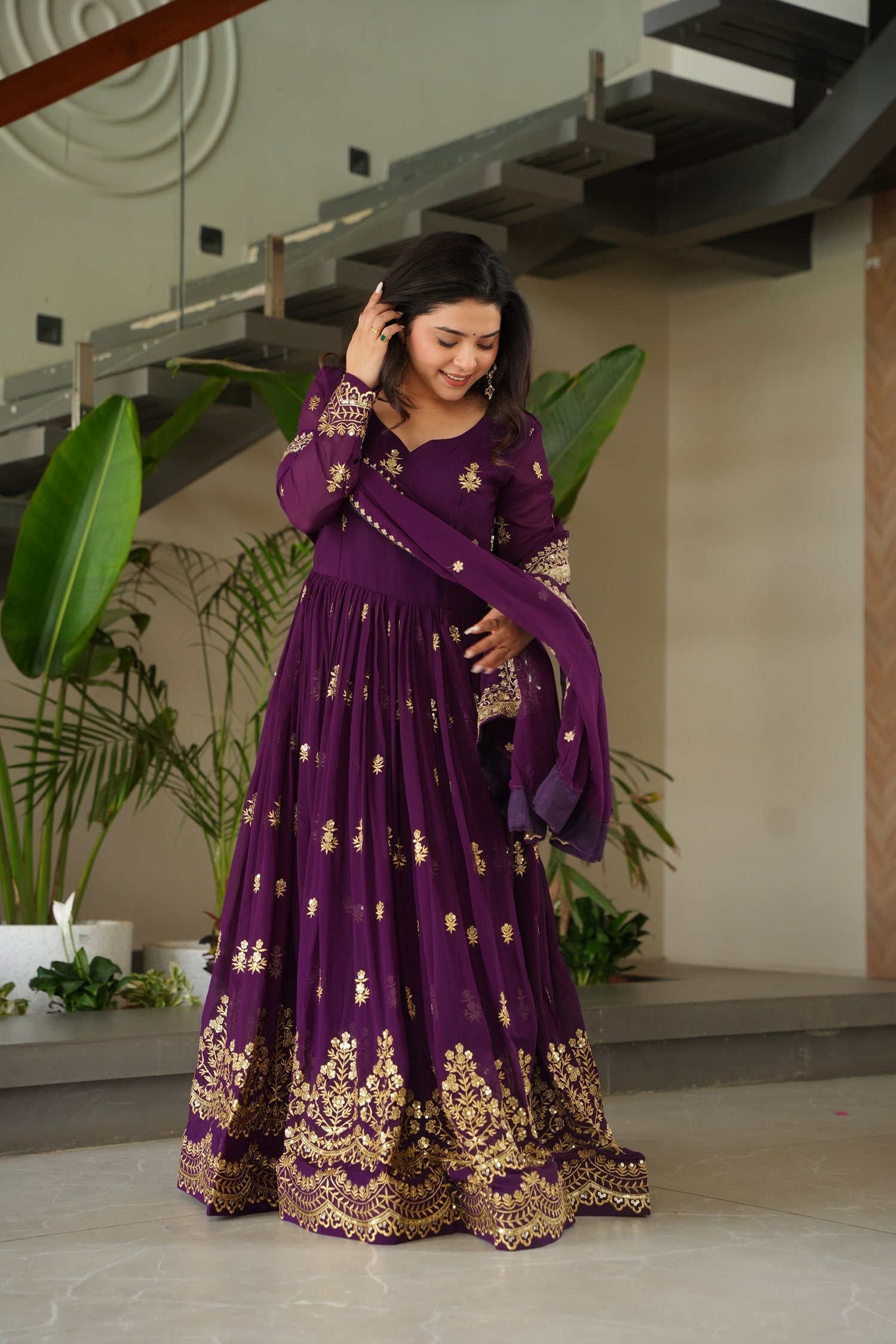 Lorenvalley Fashion Purple Faux Georgette with Zari & Sequins Embroidered Work Anarkali Gown with Dupatta 