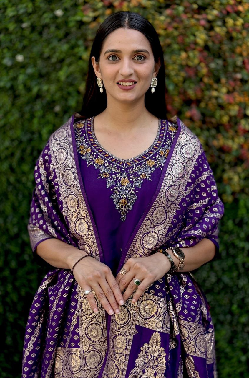 Lorenvalley Fashion Purple Roman Silk Hand Work Kurta Pant with Dupatta 