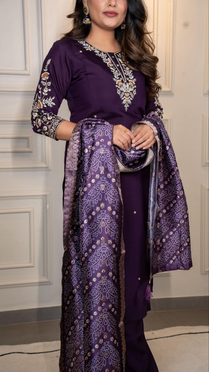 Lorenvalley Fashion Purple Roman Silk Embroidery Multi Work Kurta Pant with Dupatta 