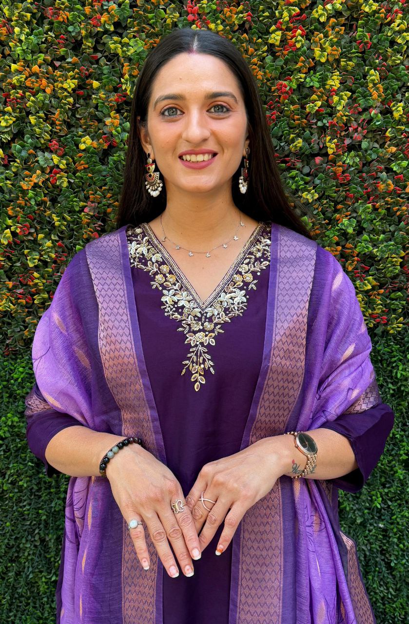 Lorenvalley Fashion Purple Roman Silk Hand Work Kurta Pant with Dupatta 