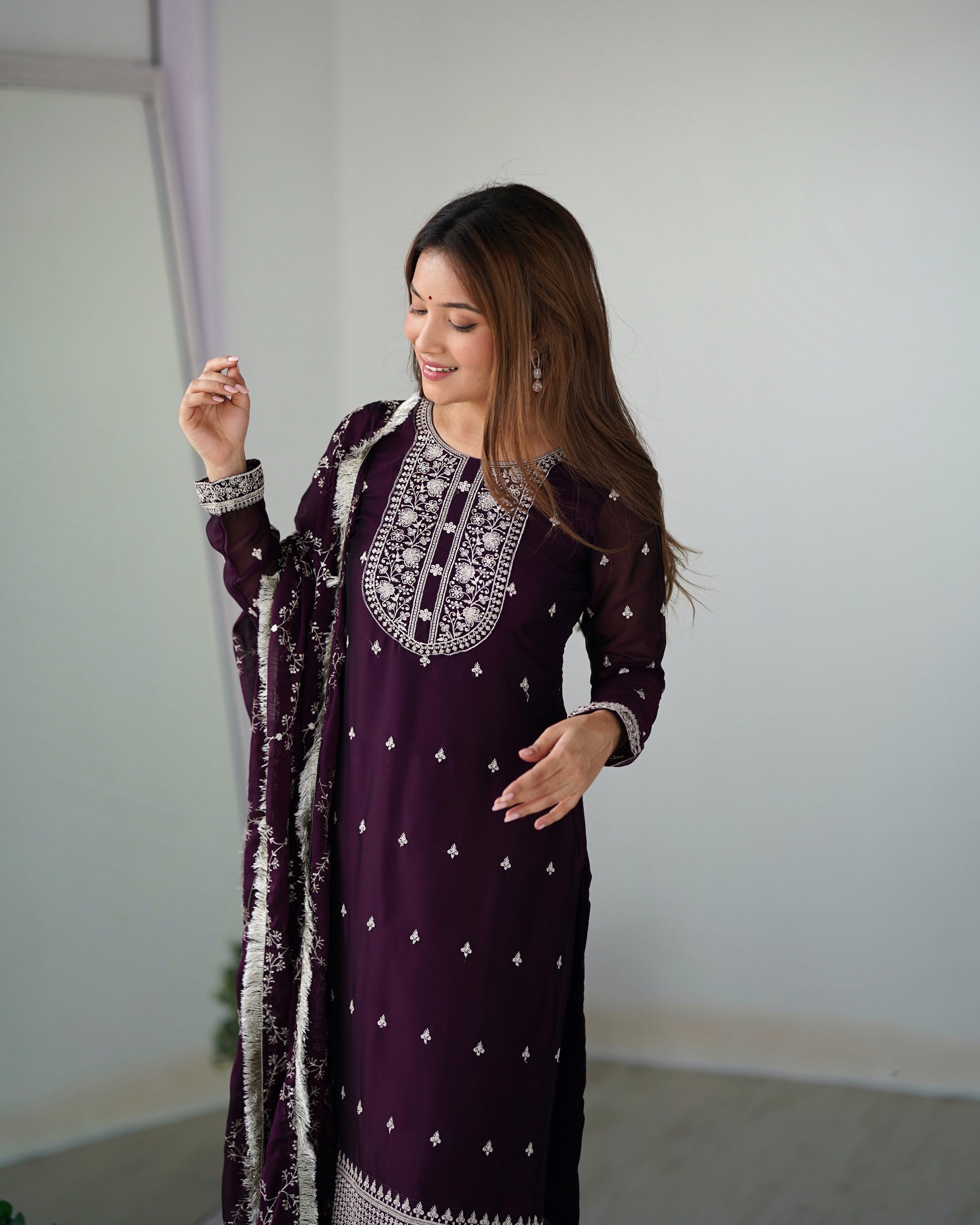 Lorenvalley Wine Rangoli Silk Embroidery Sequence And Thread Work Kurta Trousers with Dupatta Set 