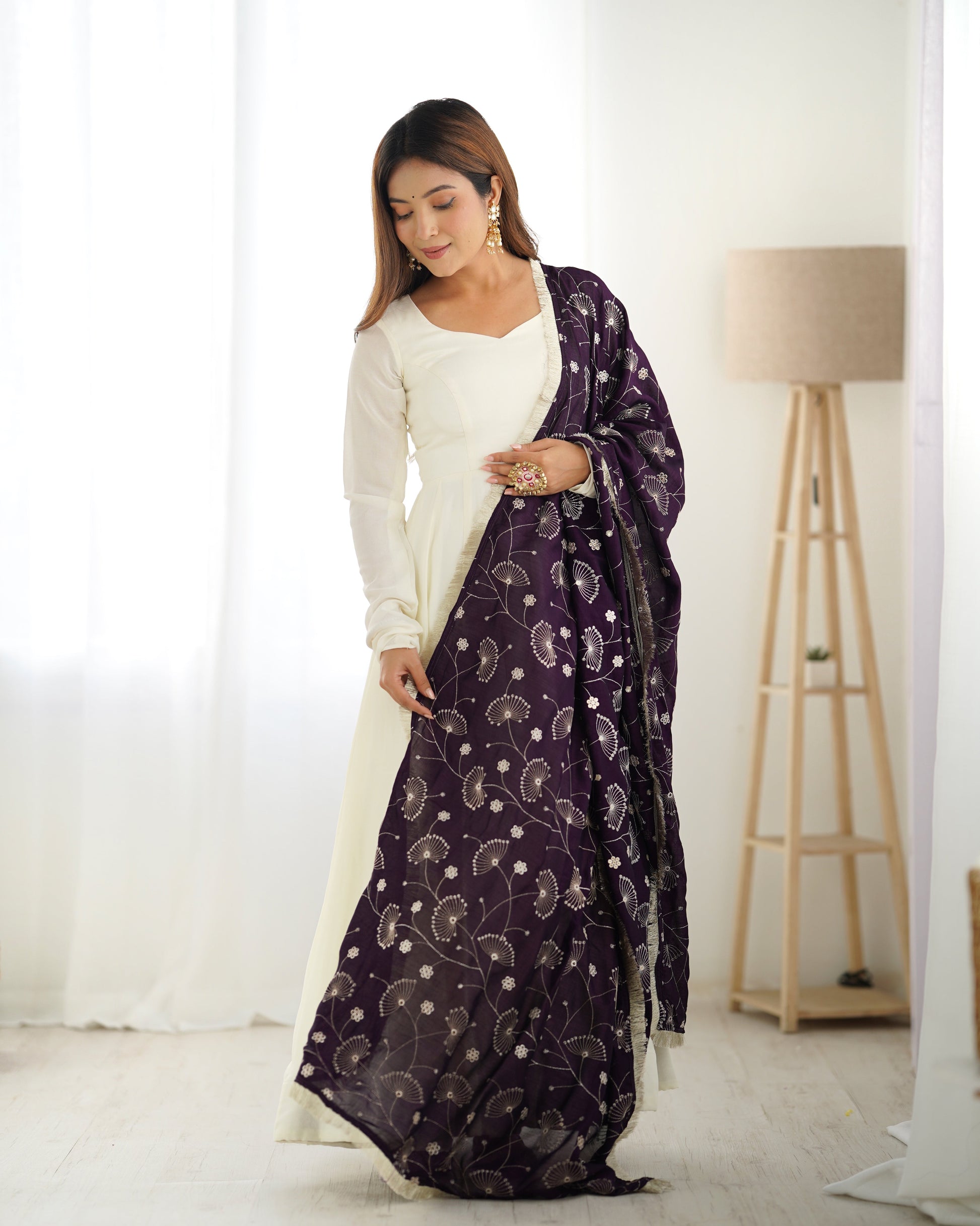 Lorenvalley White Vichitra Silk Fabric Fully Flared Anarkali Pant With Dupatta Set