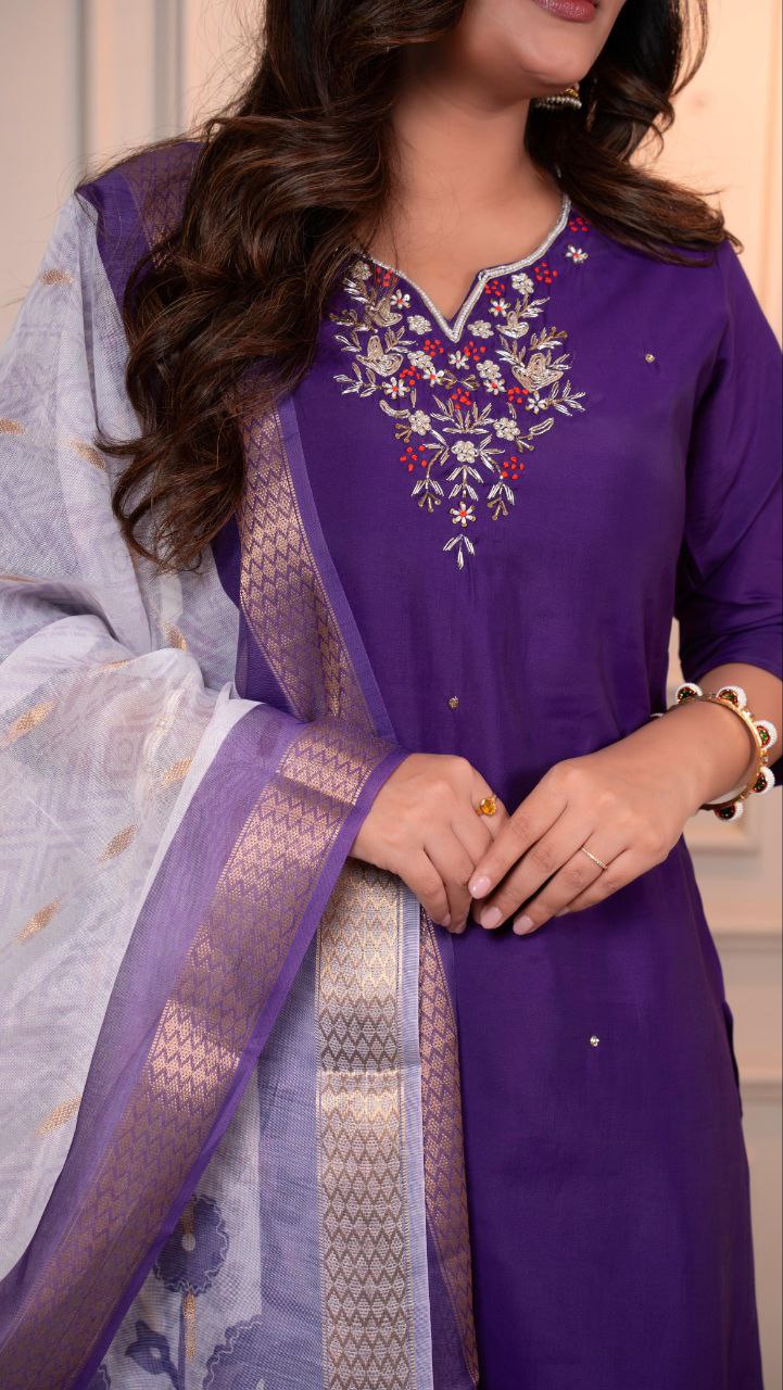 Lorenvalley Fashion Purple Roman Silk Hand Work Kurta Pant with Dupatta 