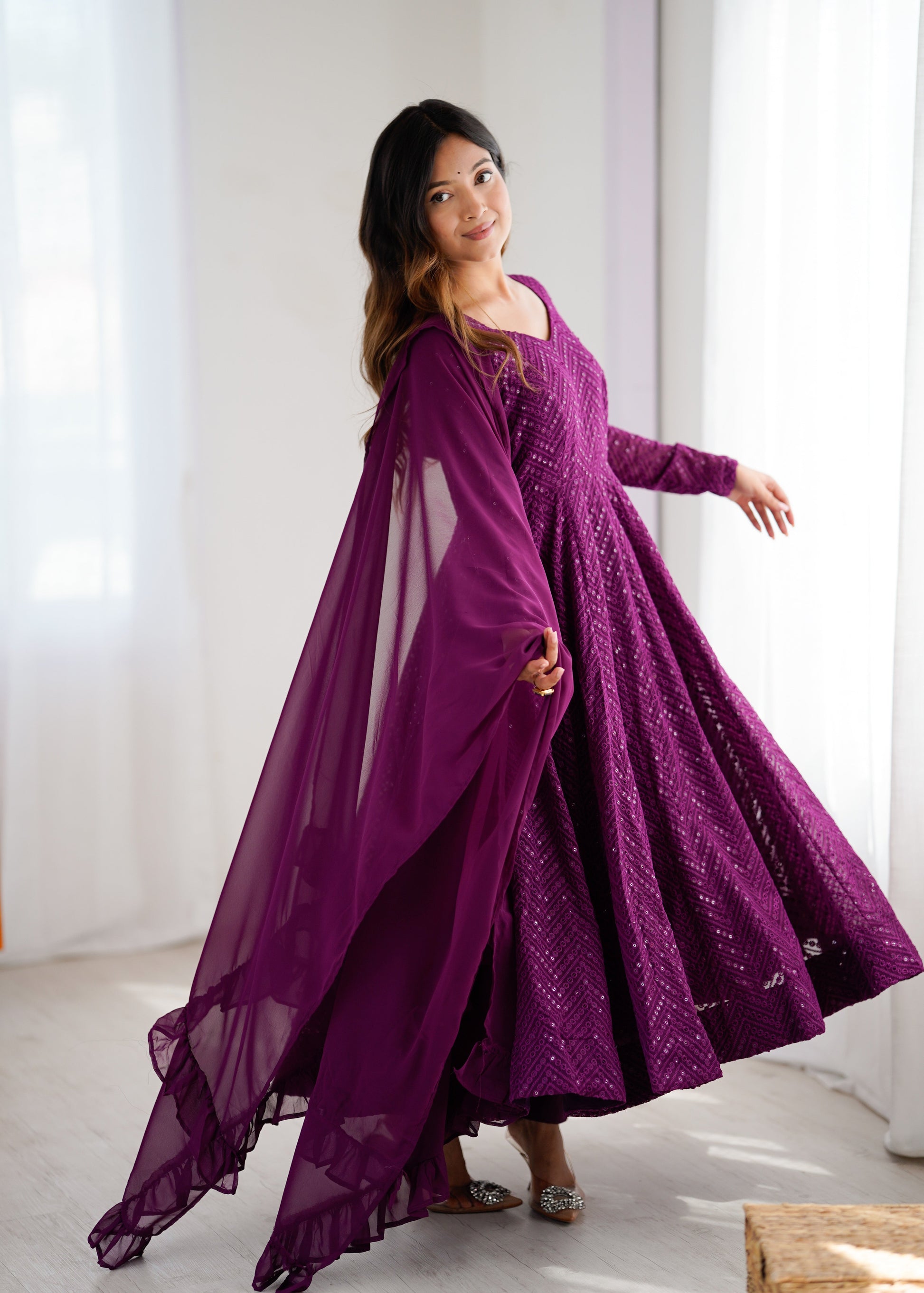 Lorenvalley Purple Faux Georgette Lukhnowi Sequence Work Anarkali Kurta Pant With Dupatta Set 