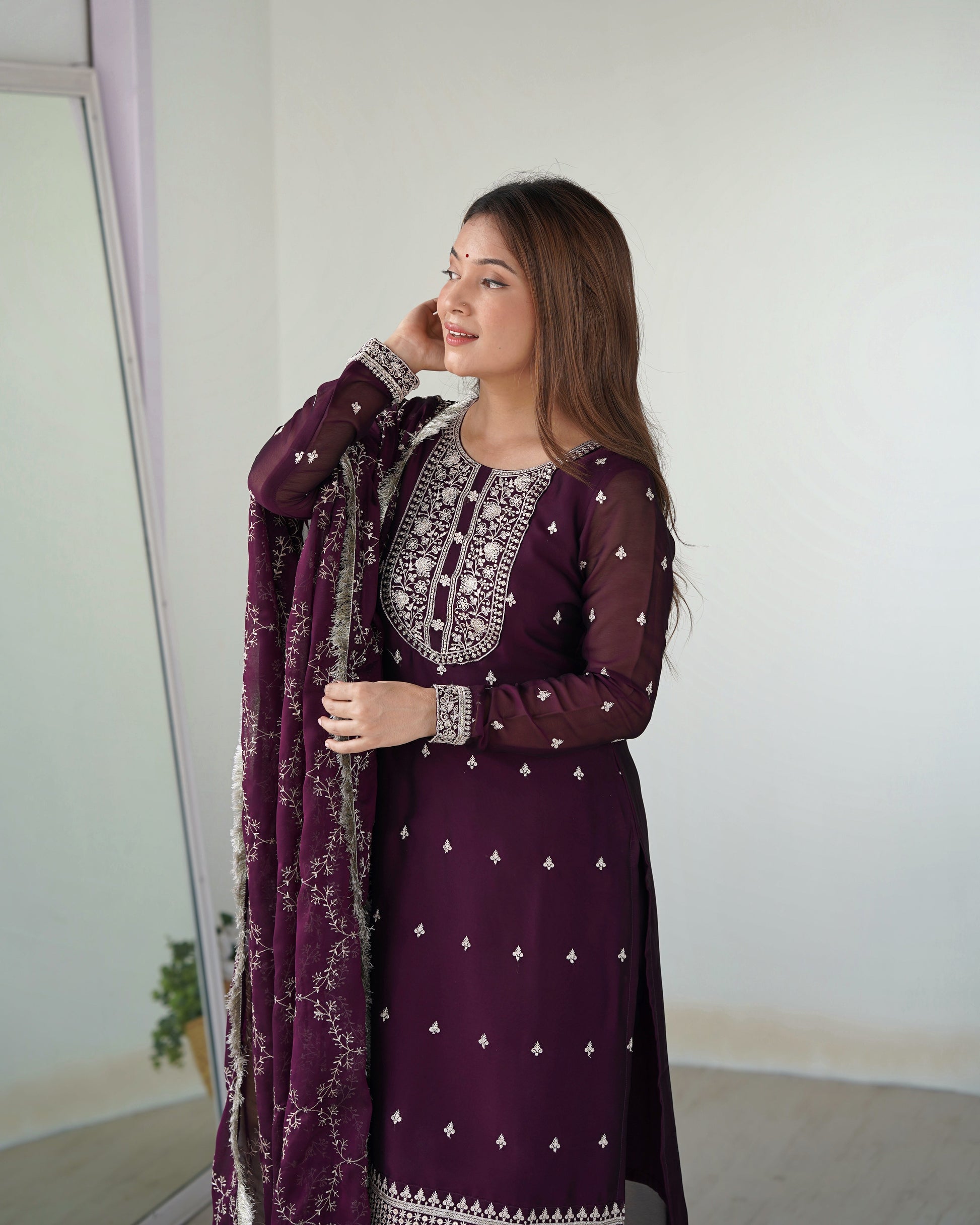 Lorenvalley Wine Rangoli Silk Embroidery Sequence And Thread Work Kurta Trousers with Dupatta Set 