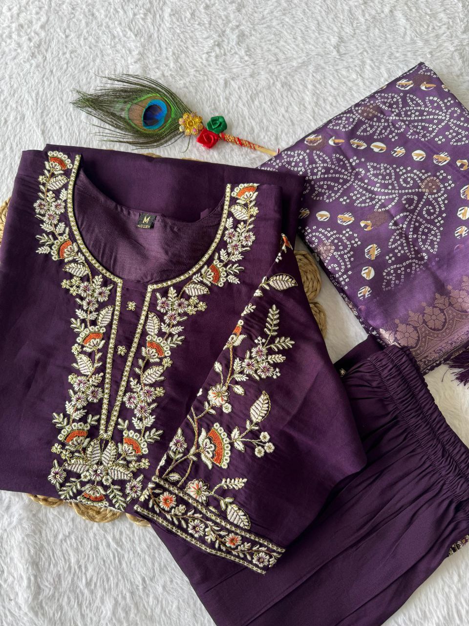 Lorenvalley Fashion Purple Roman Silk Embroidery Multi Work Kurta Pant with Dupatta 