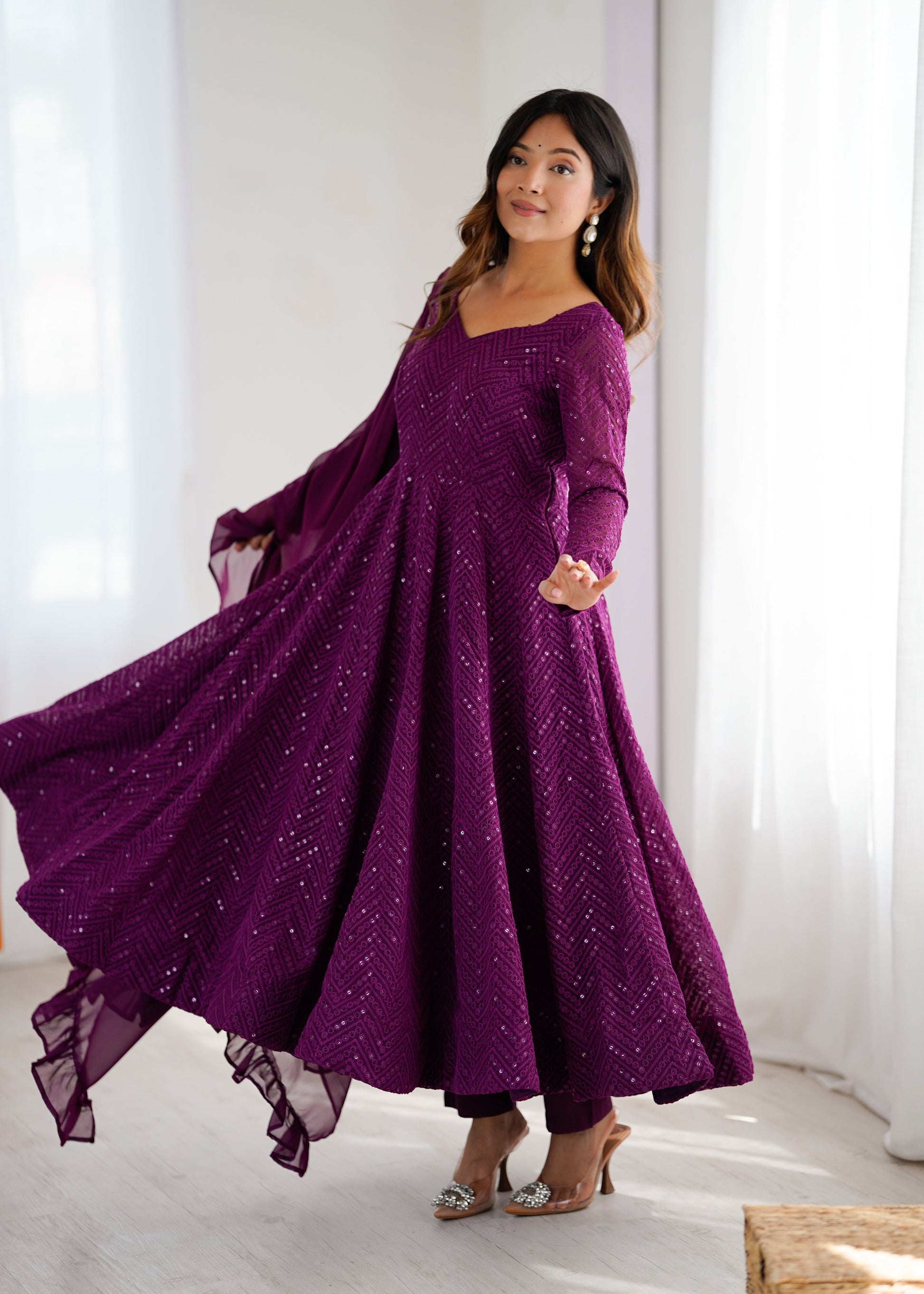 Lorenvalley Purple Faux Georgette Lukhnowi Sequence Work Anarkali Kurta Pant With Dupatta Set 