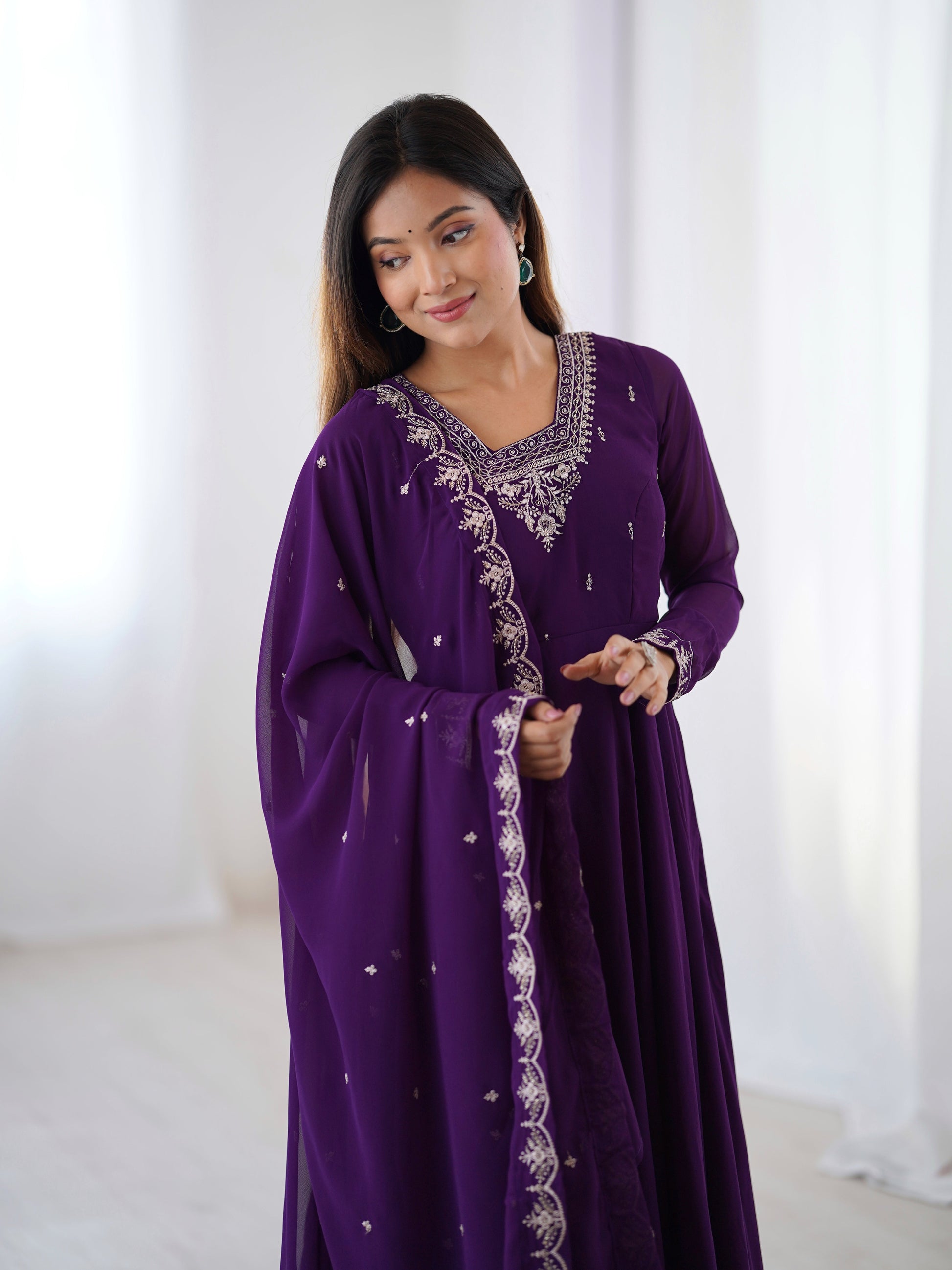 Lorenvalley Purple Faux Georgette Fancy Embroidery Beads And Jari Work Anarkali Kurta Palazzo With Dupatta Set 