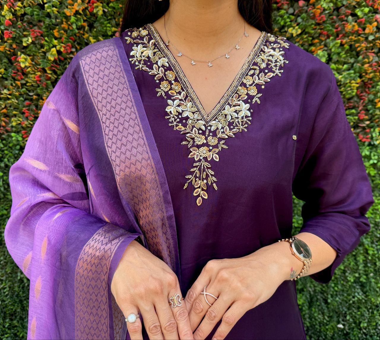 Lorenvalley Fashion Purple Roman Silk Hand Work Kurta Pant with Dupatta 