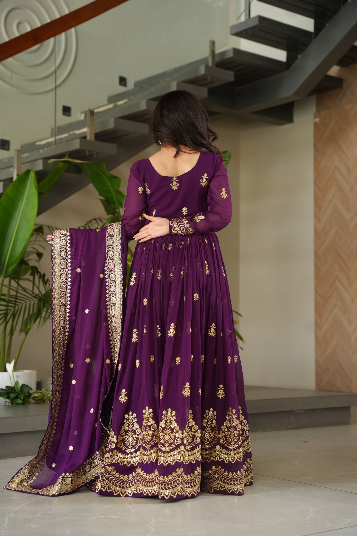 Lorenvalley Fashion Purple Faux Georgette with Zari & Sequins Embroidered Work Anarkali Gown with Dupatta 