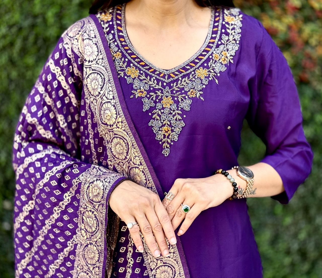 Lorenvalley Fashion Purple Roman Silk Hand Work Kurta Pant with Dupatta 