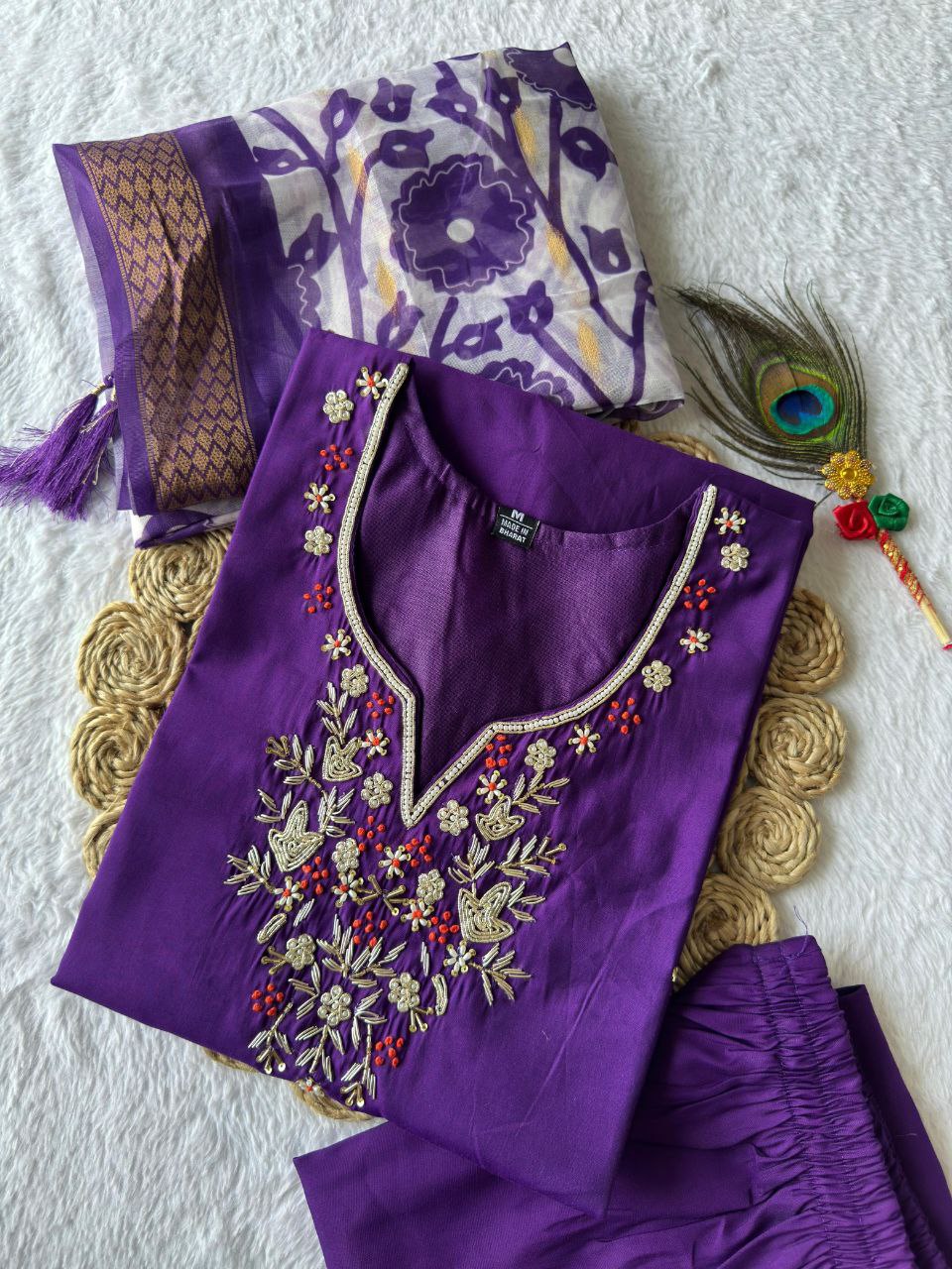 Lorenvalley Fashion Purple Roman Silk Hand Work Kurta Pant with Dupatta 