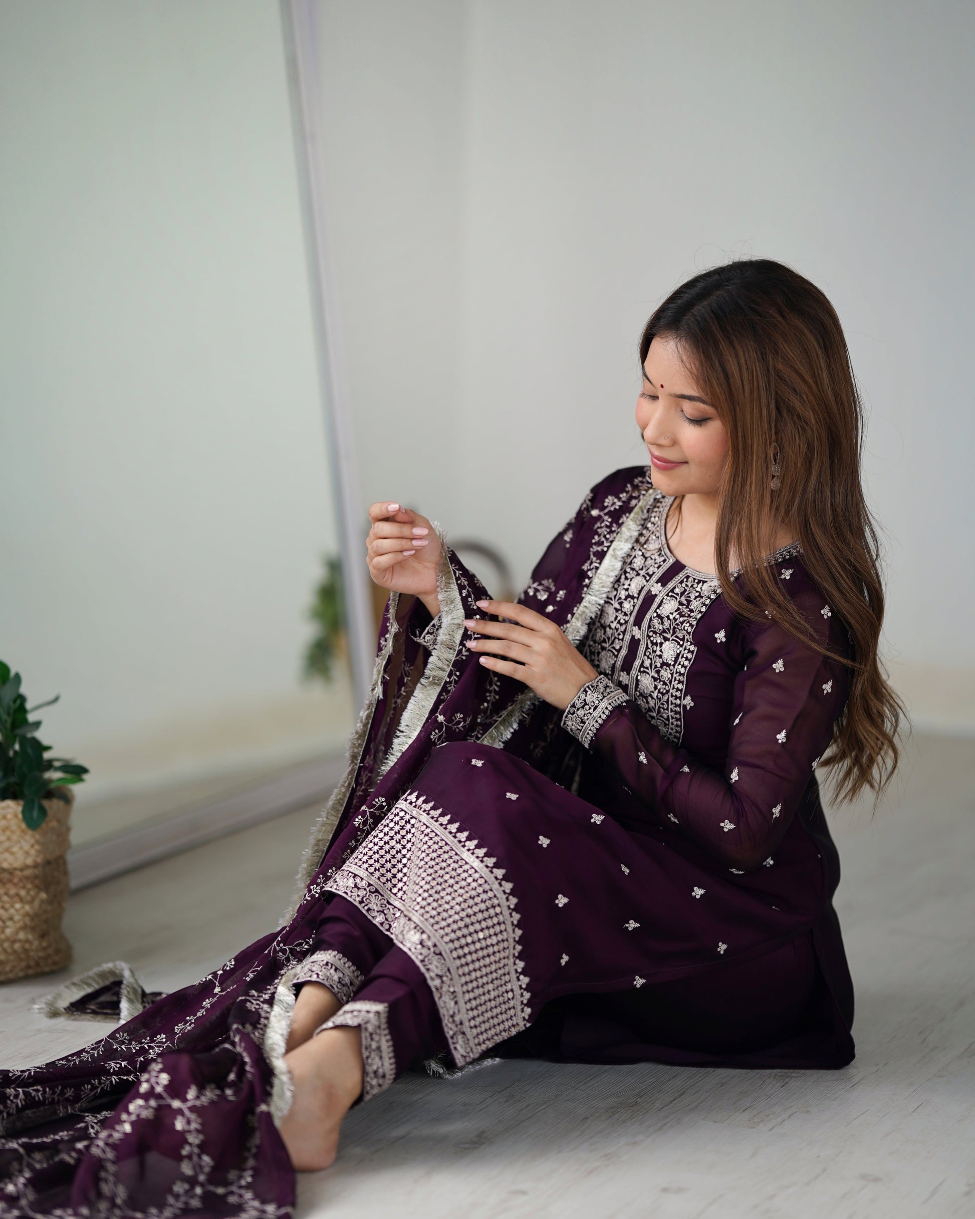 Lorenvalley Wine Rangoli Silk Embroidery Sequence And Thread Work Kurta Trousers with Dupatta Set 