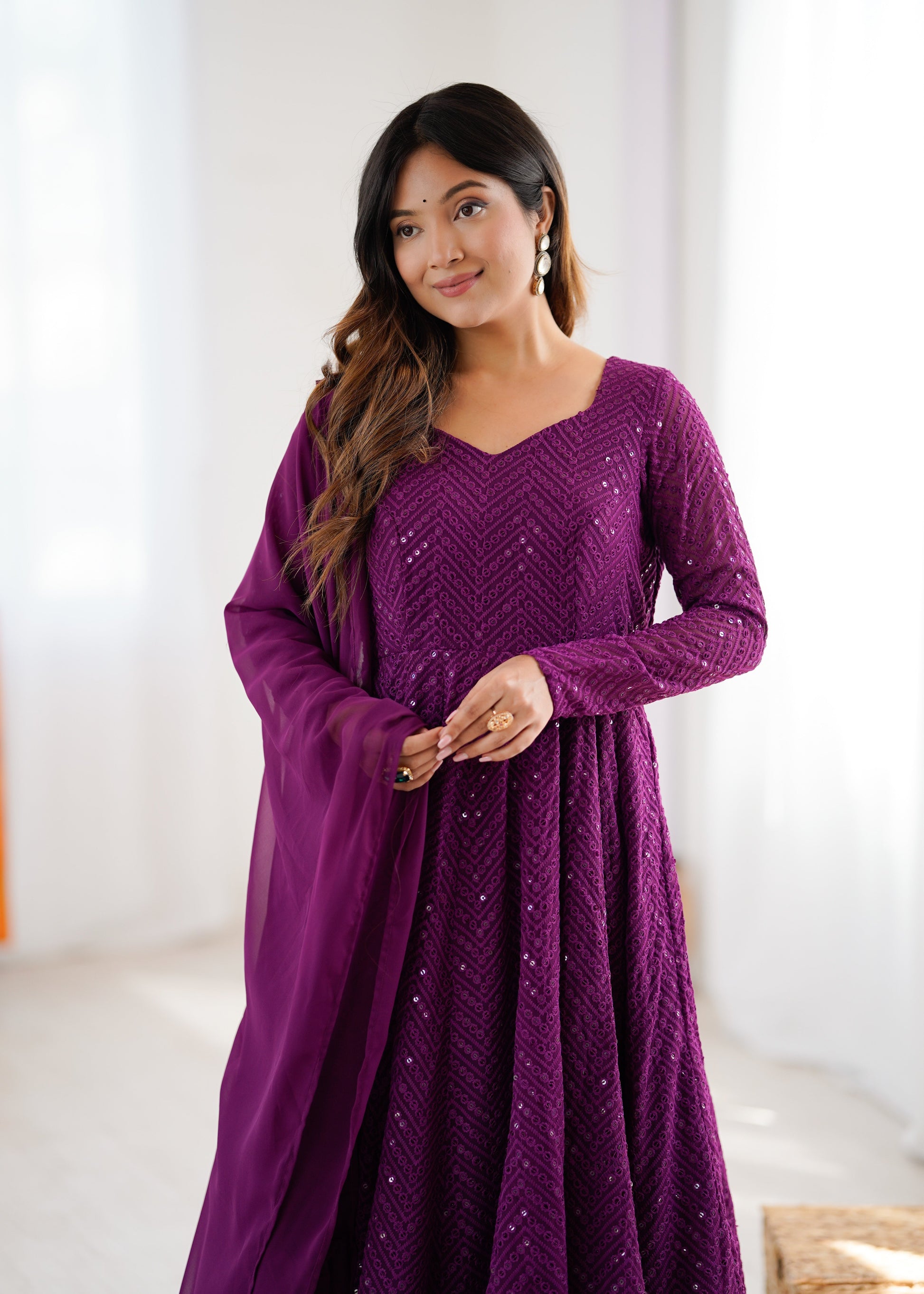 Lorenvalley Purple Faux Georgette Lukhnowi Sequence Work Anarkali Kurta Pant With Dupatta Set 