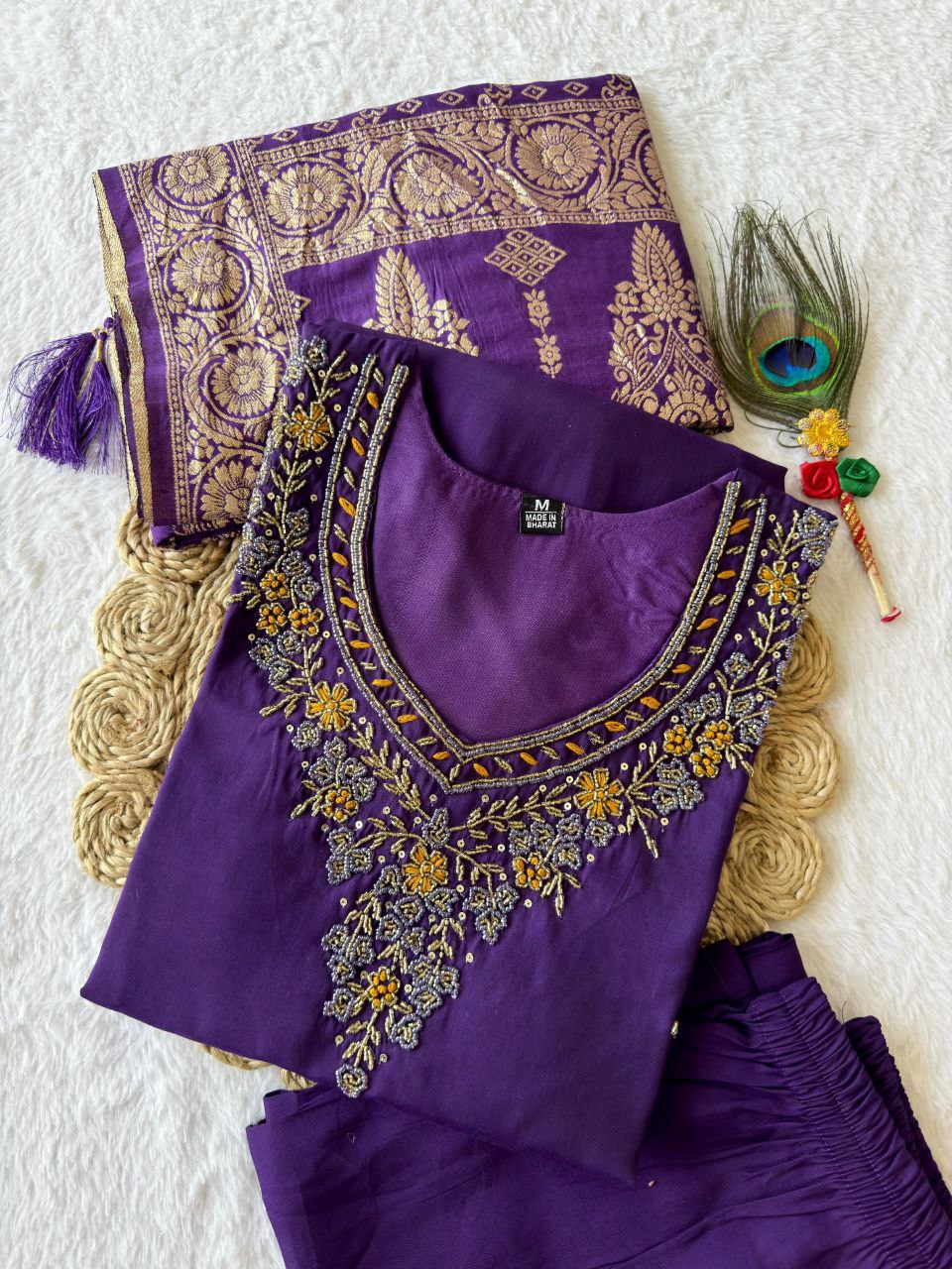 Lorenvalley Fashion Purple Roman Silk Hand Work Kurta Pant with Dupatta 