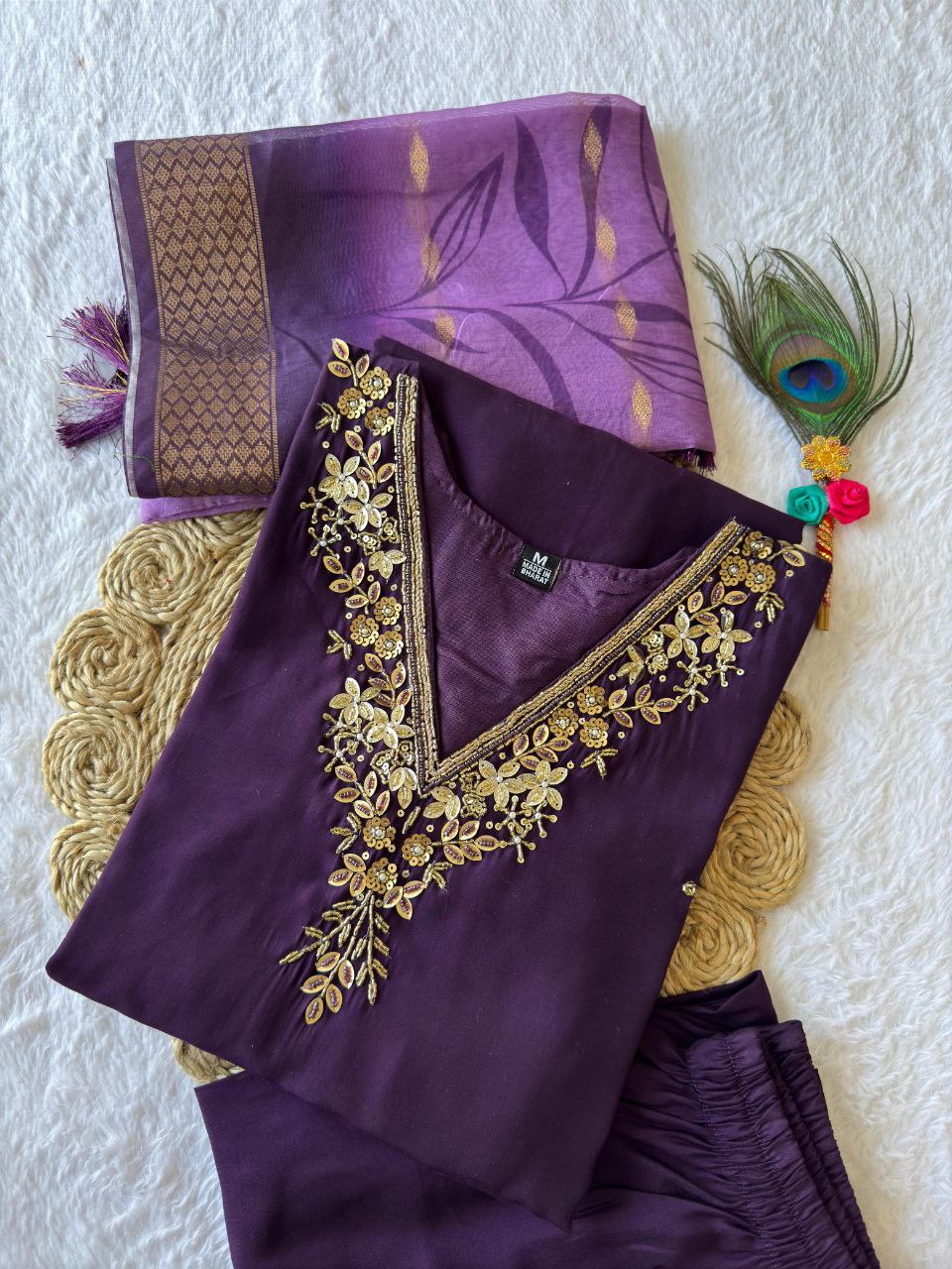 Lorenvalley Fashion Purple Roman Silk Hand Work Kurta Pant with Dupatta 