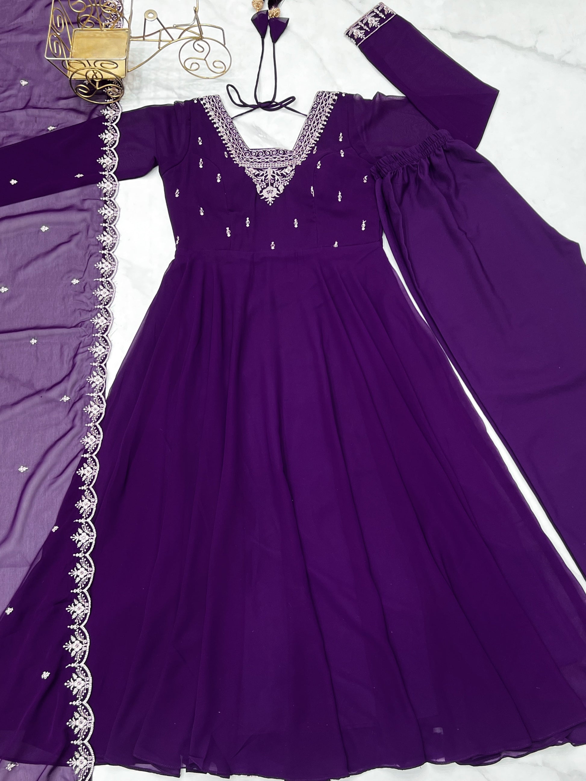 Lorenvalley Purple Faux Georgette Fancy Embroidery Beads And Jari Work Anarkali Kurta Palazzo With Dupatta Set 
