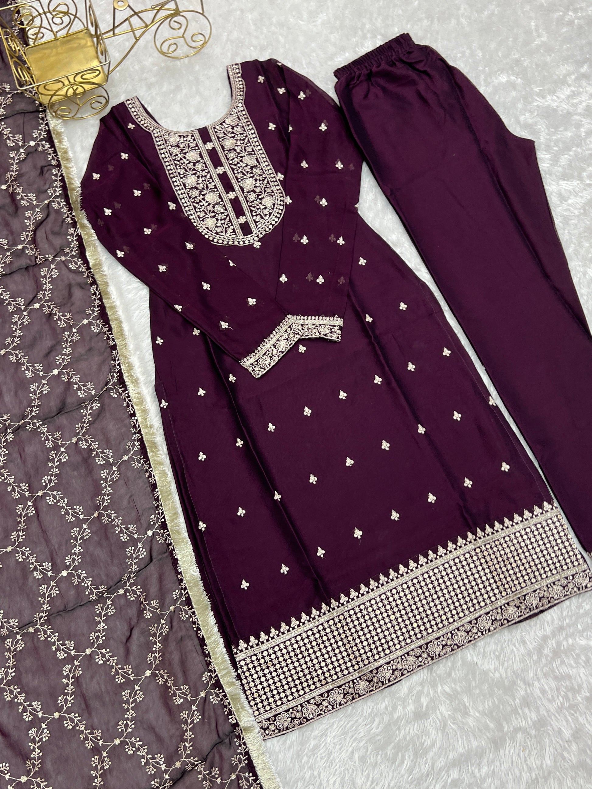 Lorenvalley Wine Rangoli Silk Embroidery Sequence And Thread Work Kurta Trousers with Dupatta Set 