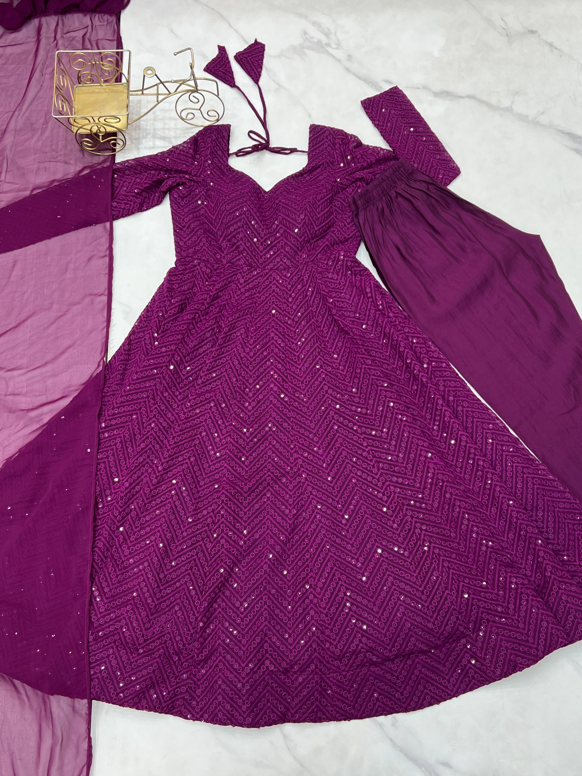 Lorenvalley Purple Faux Georgette Lukhnowi Sequence Work Anarkali Kurta Pant With Dupatta Set 