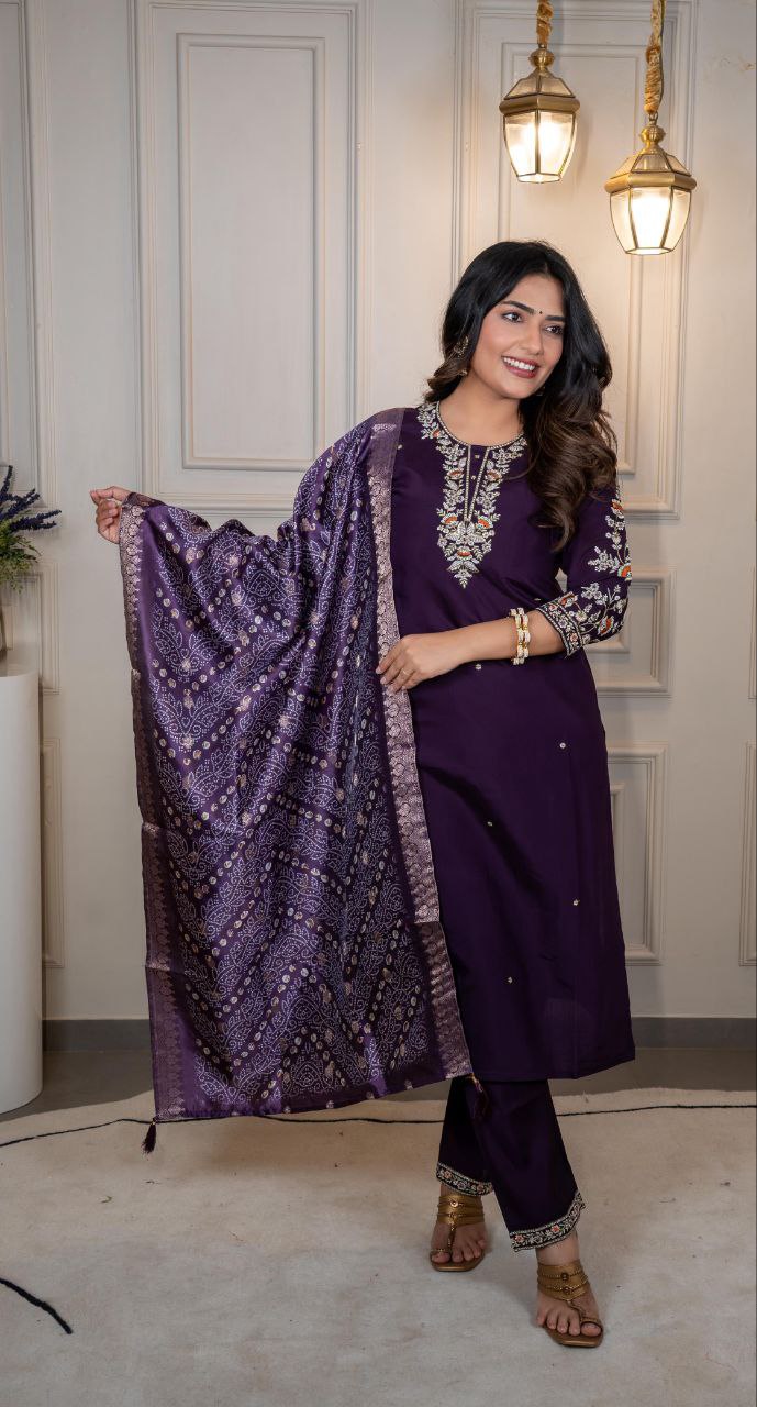 Lorenvalley Fashion Purple Roman Silk Embroidery Multi Work Kurta Pant with Dupatta 