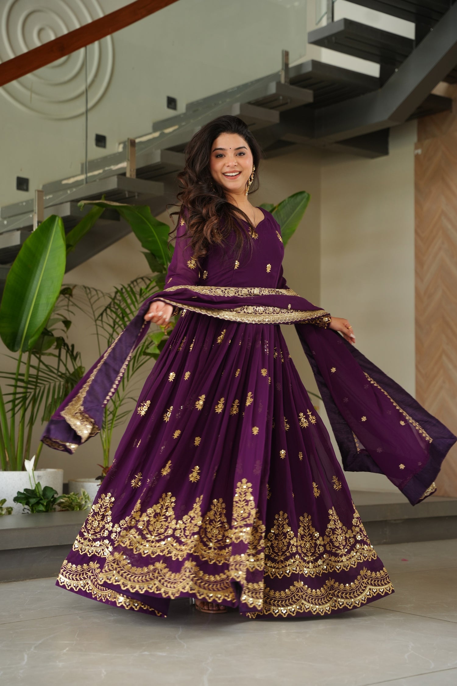 Lorenvalley Fashion Purple Faux Georgette with Zari & Sequins Embroidered Work Anarkali Gown with Dupatta 
