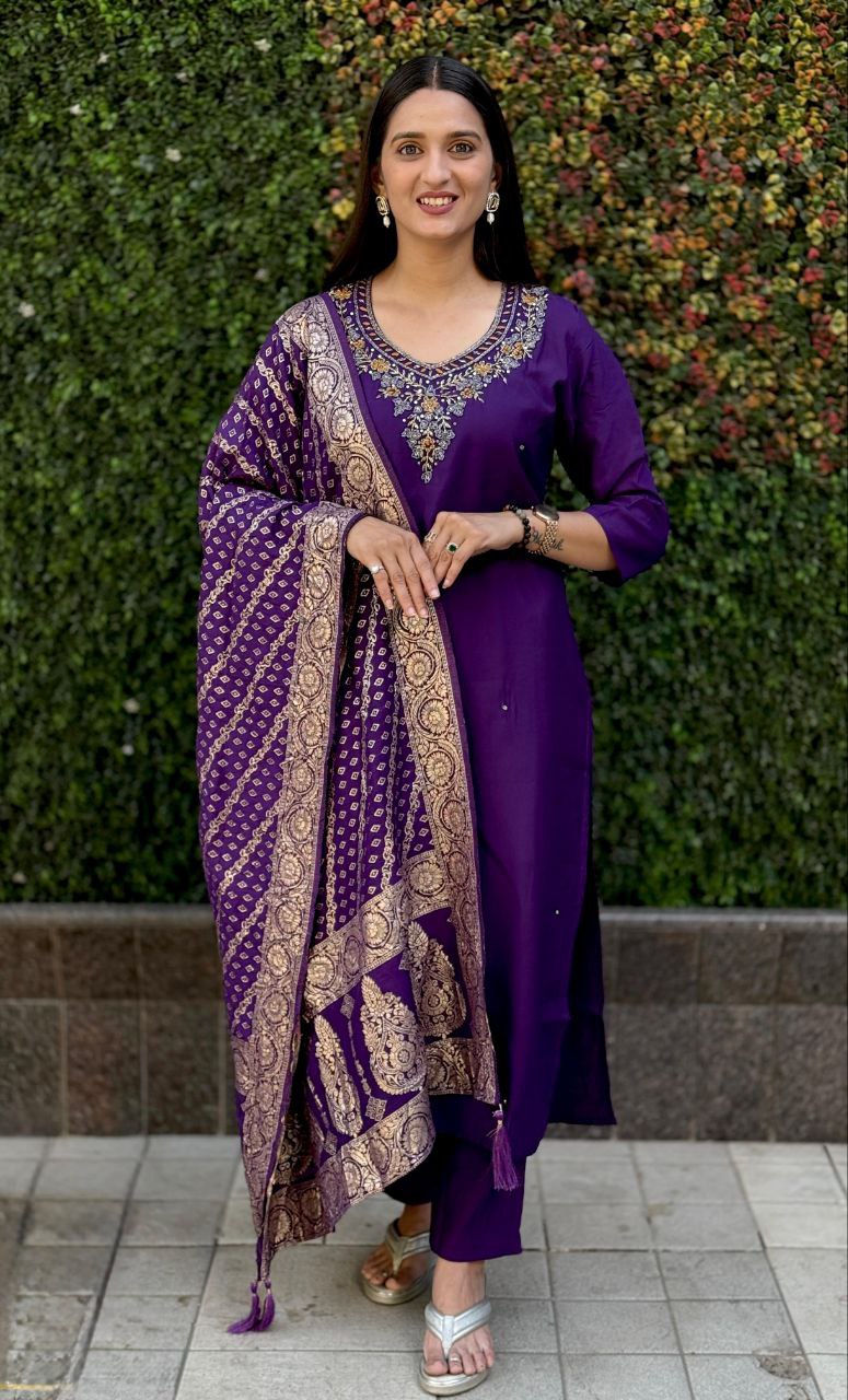 Lorenvalley Fashion Purple Roman Silk Hand Work Kurta Pant with Dupatta 