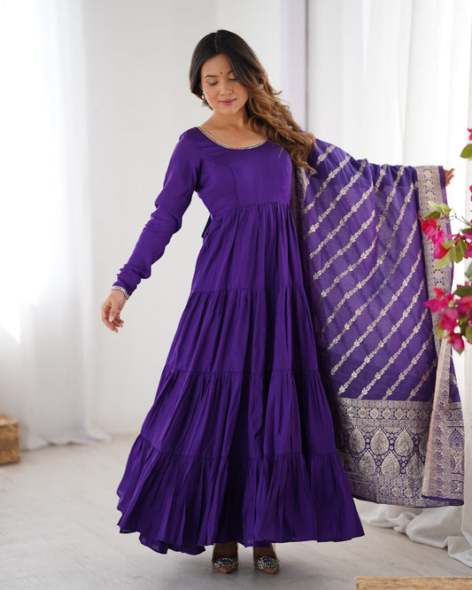 Lorenvalley Women Pure Roman silk Chanderi Fabric Layer Gathering Anarkali Kurta Pant With Dupatta Set