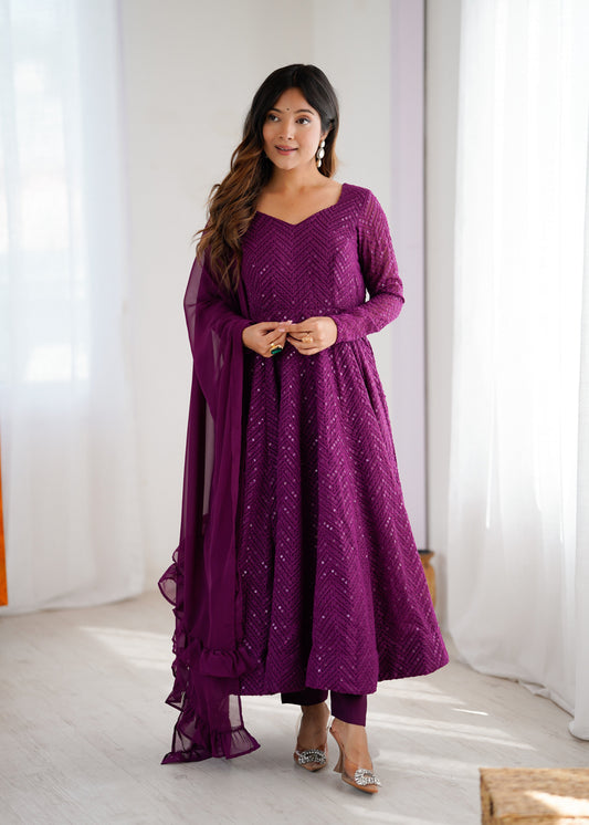 Lorenvalley Purple Faux Georgette Lukhnowi Sequence Work Anarkali Kurta Pant With Dupatta Set 