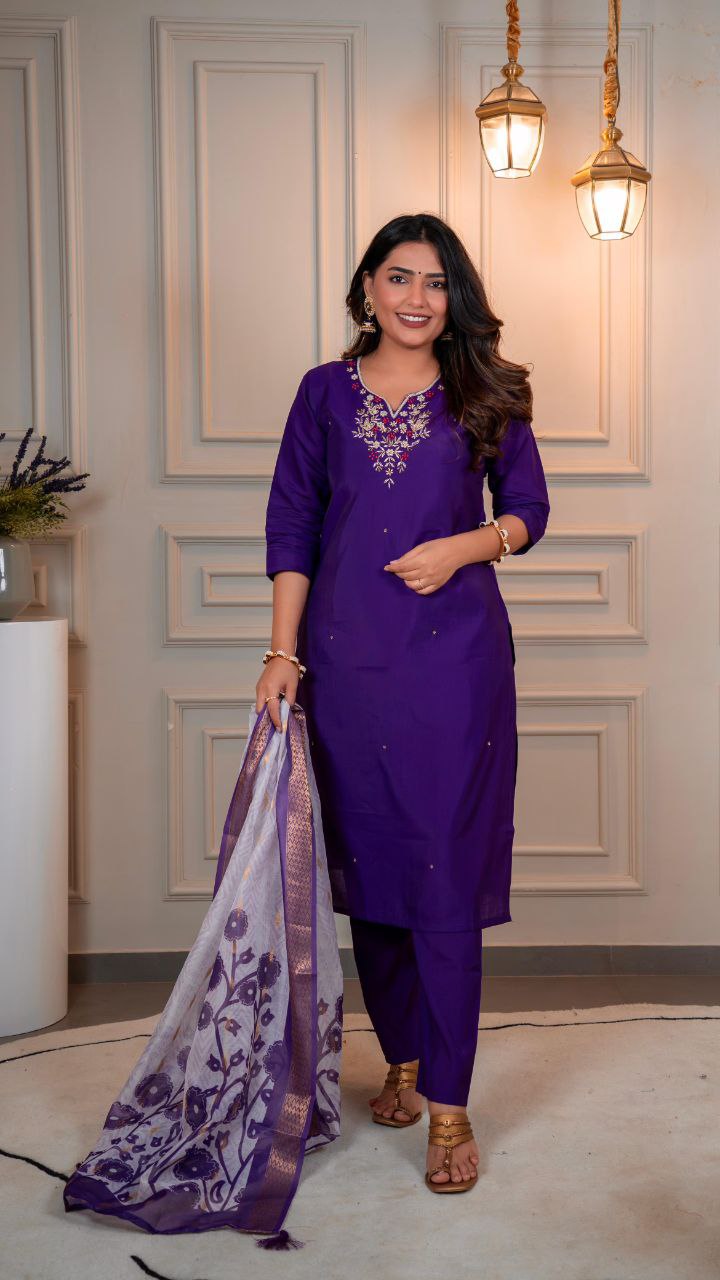 Lorenvalley Fashion Purple Roman Silk Hand Work Kurta Pant with Dupatta 