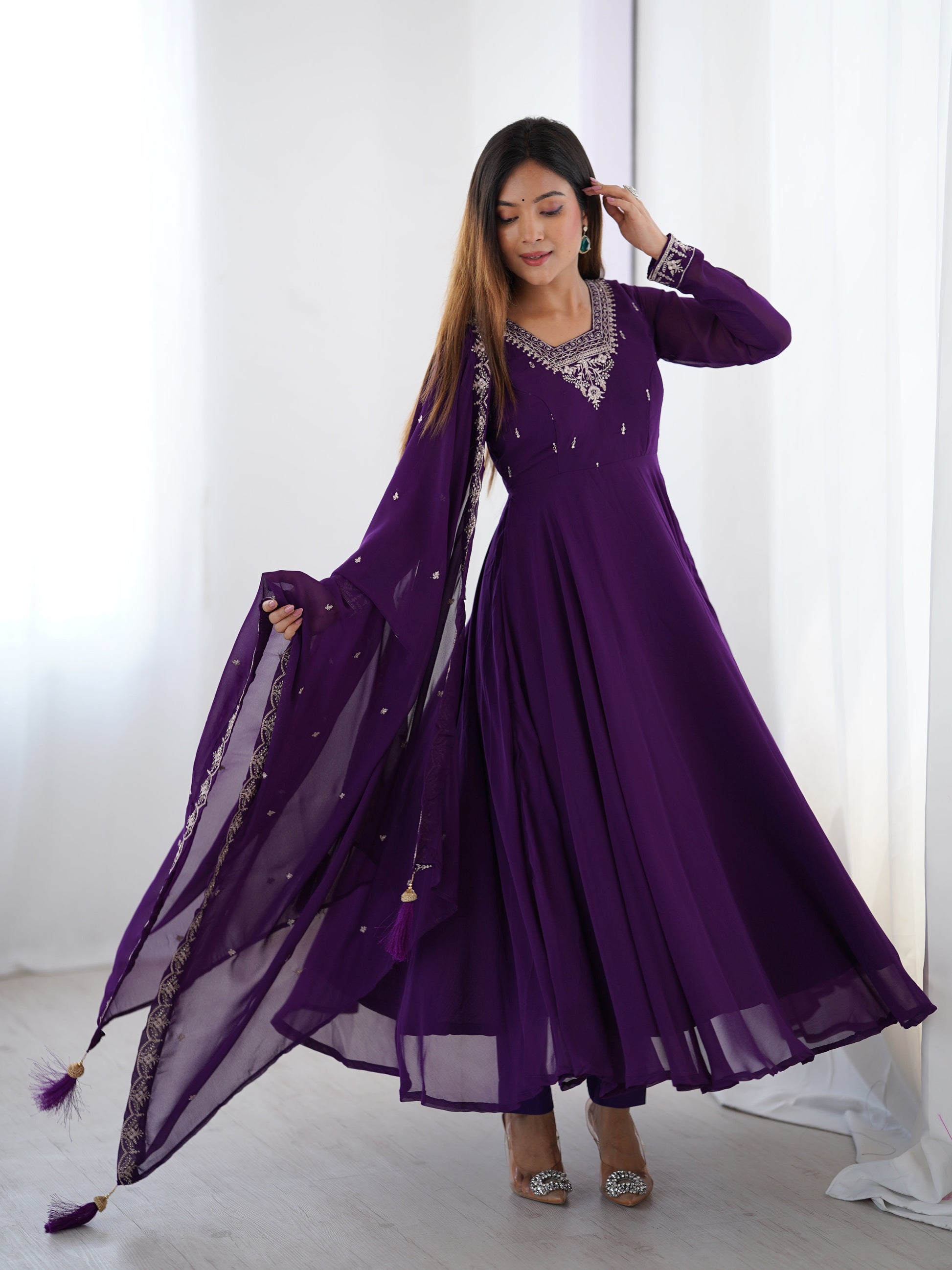Lorenvalley Purple Faux Georgette Fancy Embroidery Beads And Jari Work Anarkali Kurta Palazzo With Dupatta Set 